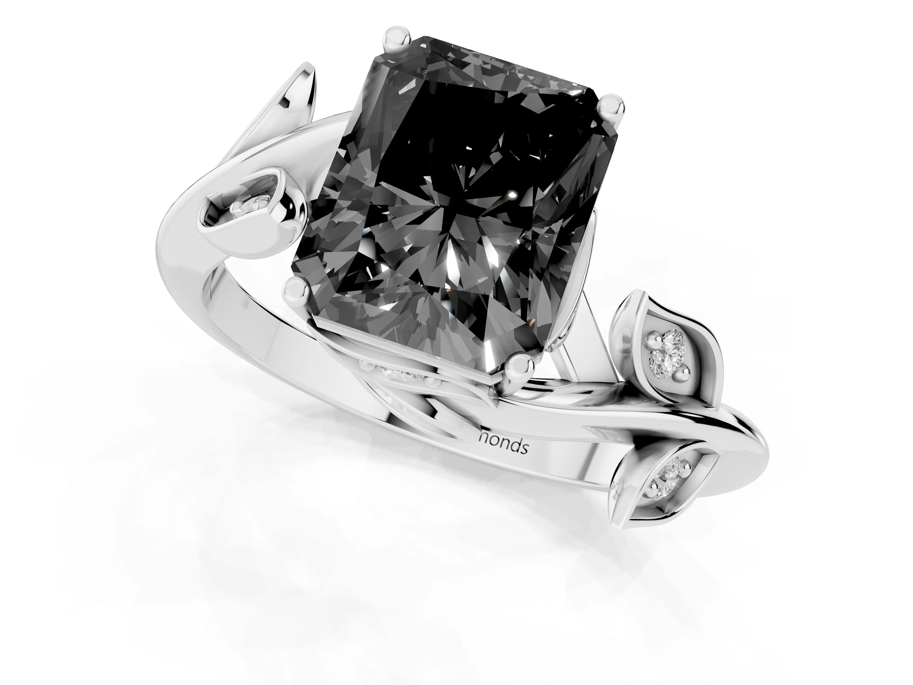 Fancy Black Radiant Cut Diamond Solitaire Twist Engagement Ring Set in White gold with Pavé Leaf Accents – second view