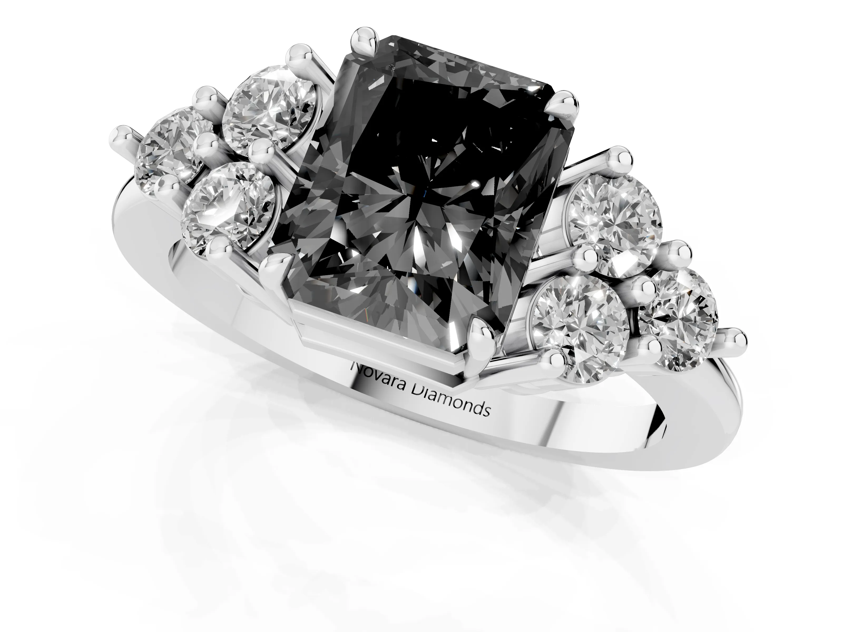 Fancy Black Radiant Cut Diamond Solitaire Ring Set in White gold with Cluster Accents on Each Side