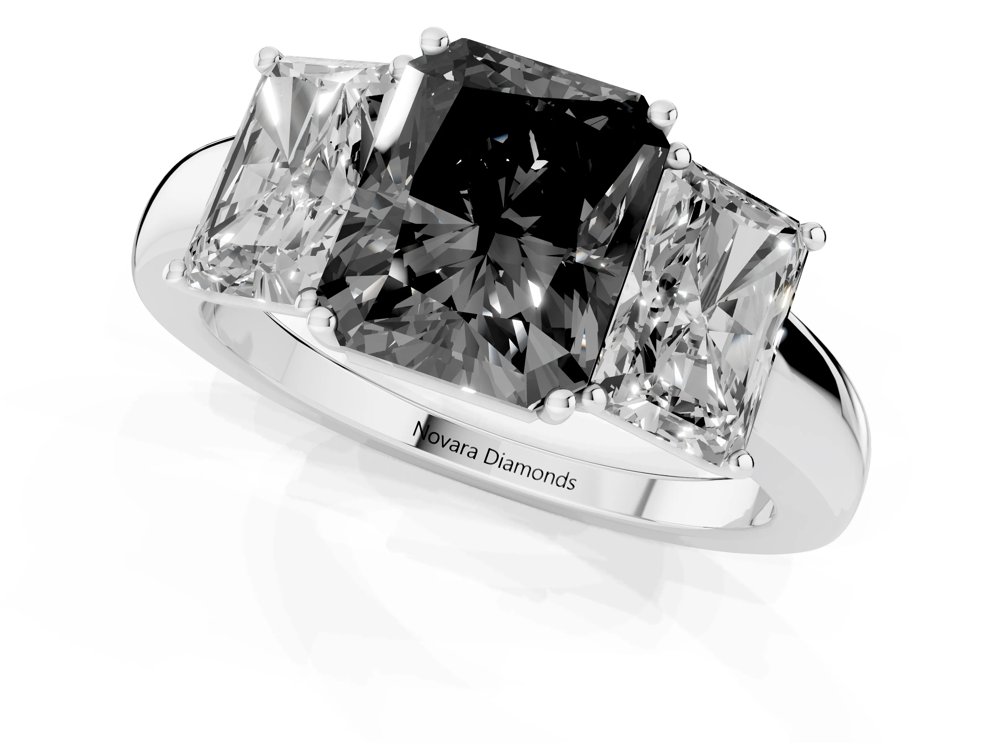 Fancy Black Radiant Cut Diamond Three-Stone Ring Set in White gold with Bold Center and Classic Band