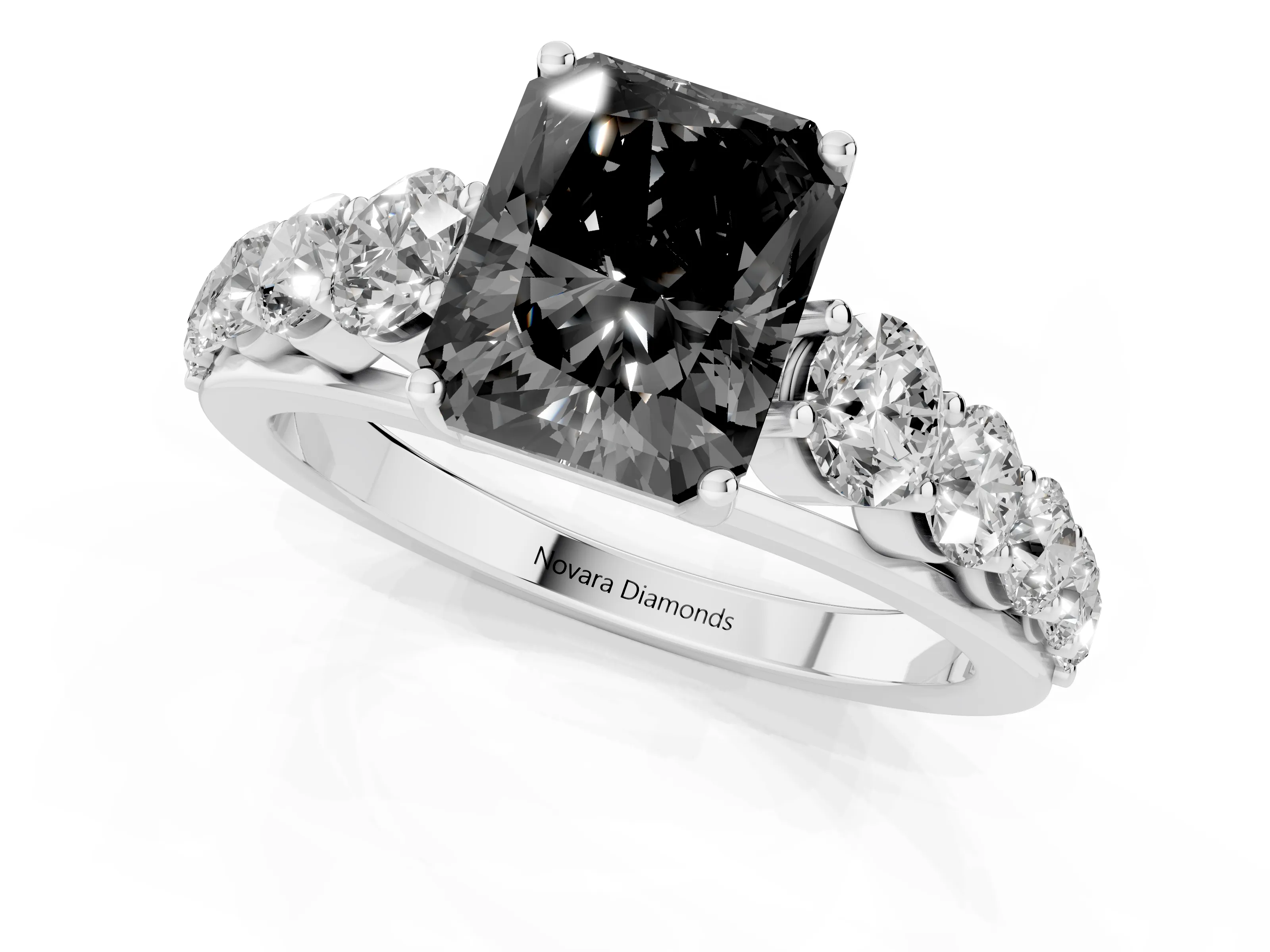 Fancy Black Radiant Cut Diamond Solitaire Ring Set in Silver with Pavé-Set Band and Prong Setting