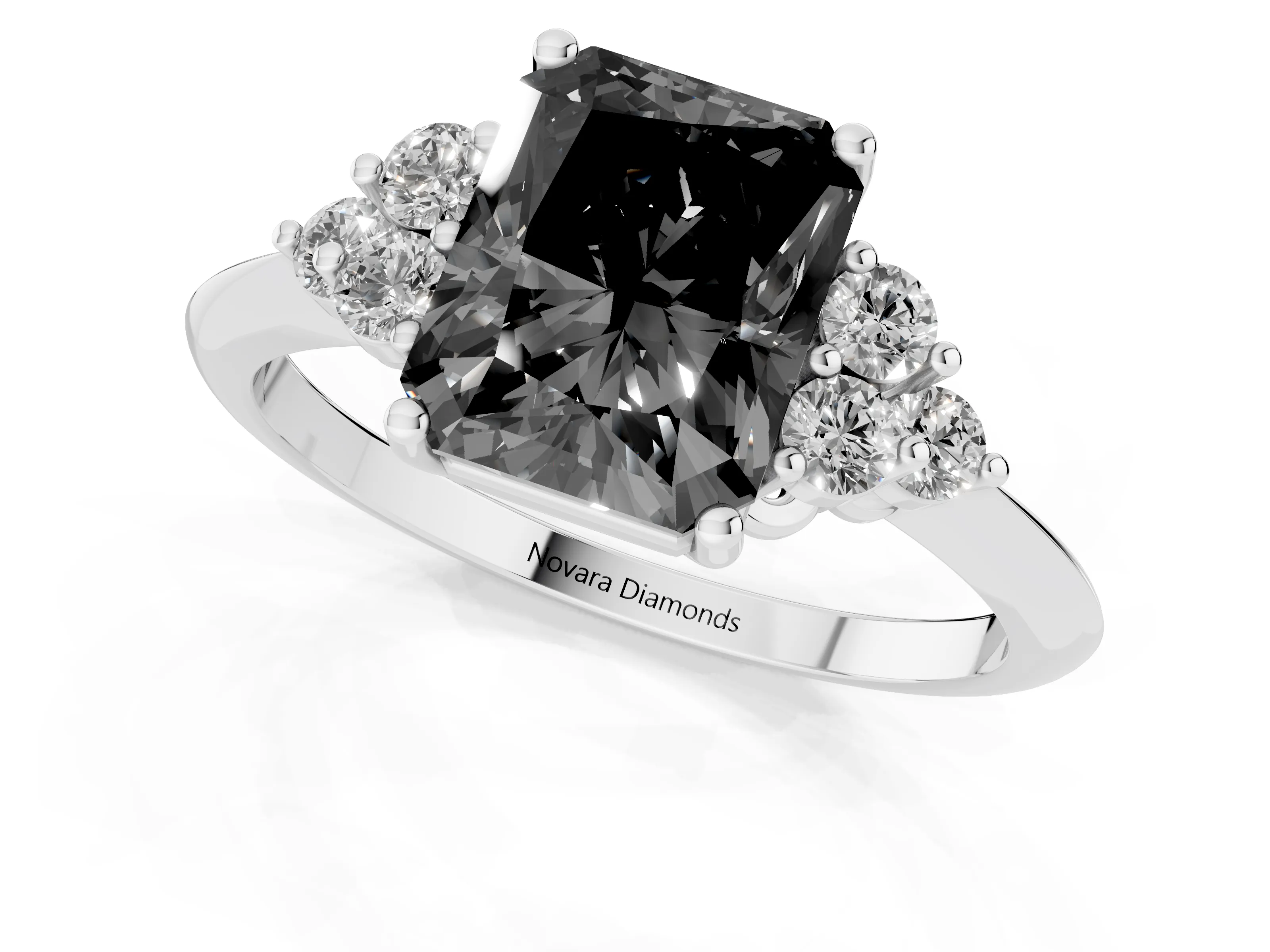 Fancy Black Radiant Cut Diamond Cluster Ring Set in Silver with Plain Band and Prong Setting