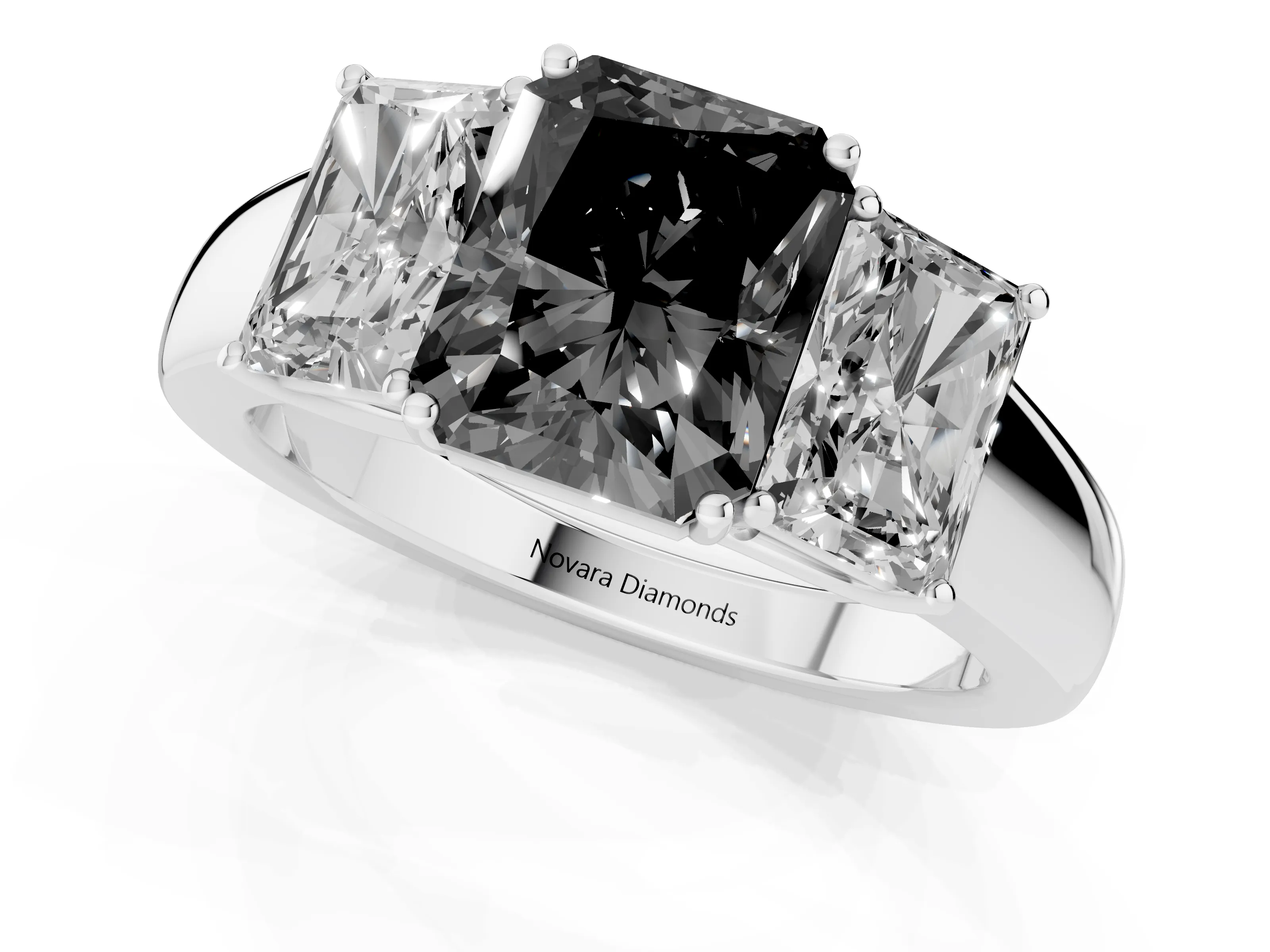 Fancy Black Three-Stone Radiant Cut Diamond Ring Set in Silver with Matching Prong Settings and Plain Band