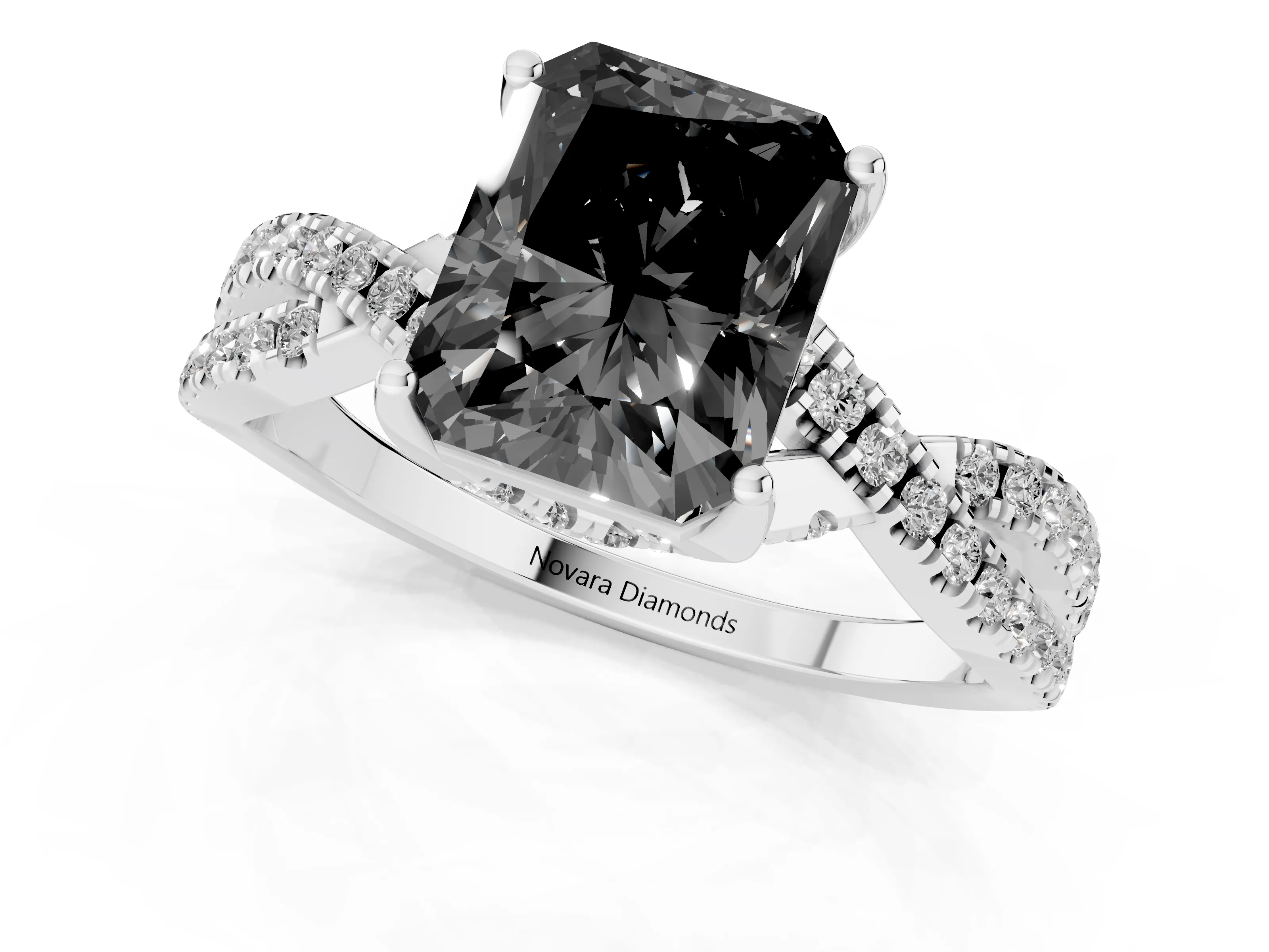 Fancy Black Radiant Cut Diamond Twist Pavé Solitaire Engagement Ring Set in Platinum with Prong Setting
