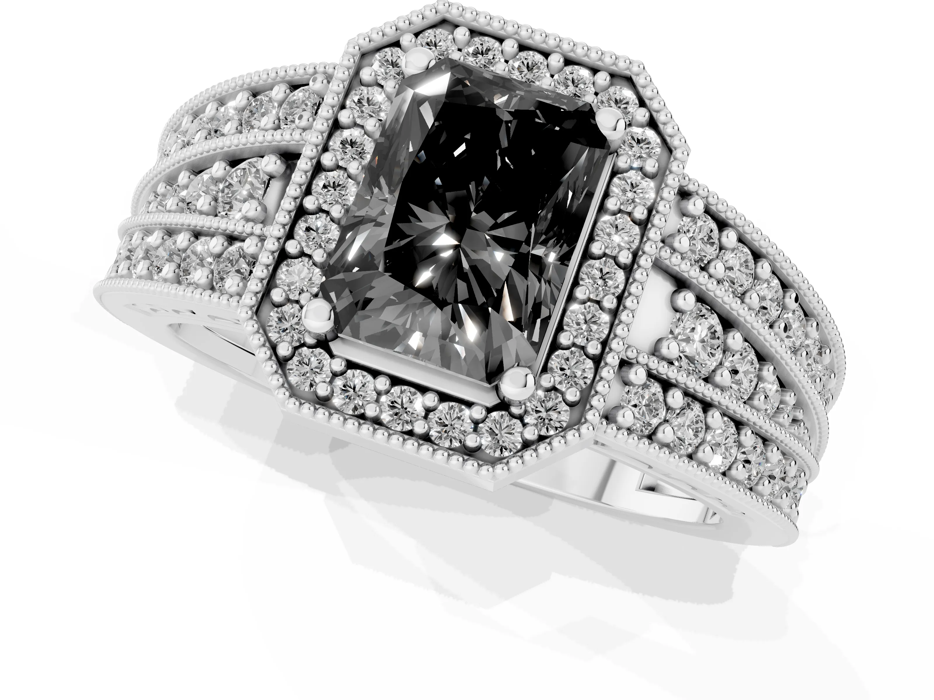 Fancy Black Radiant Cut Diamond Halo Ring Set in White gold with Accent Split Shank and Prong Setting