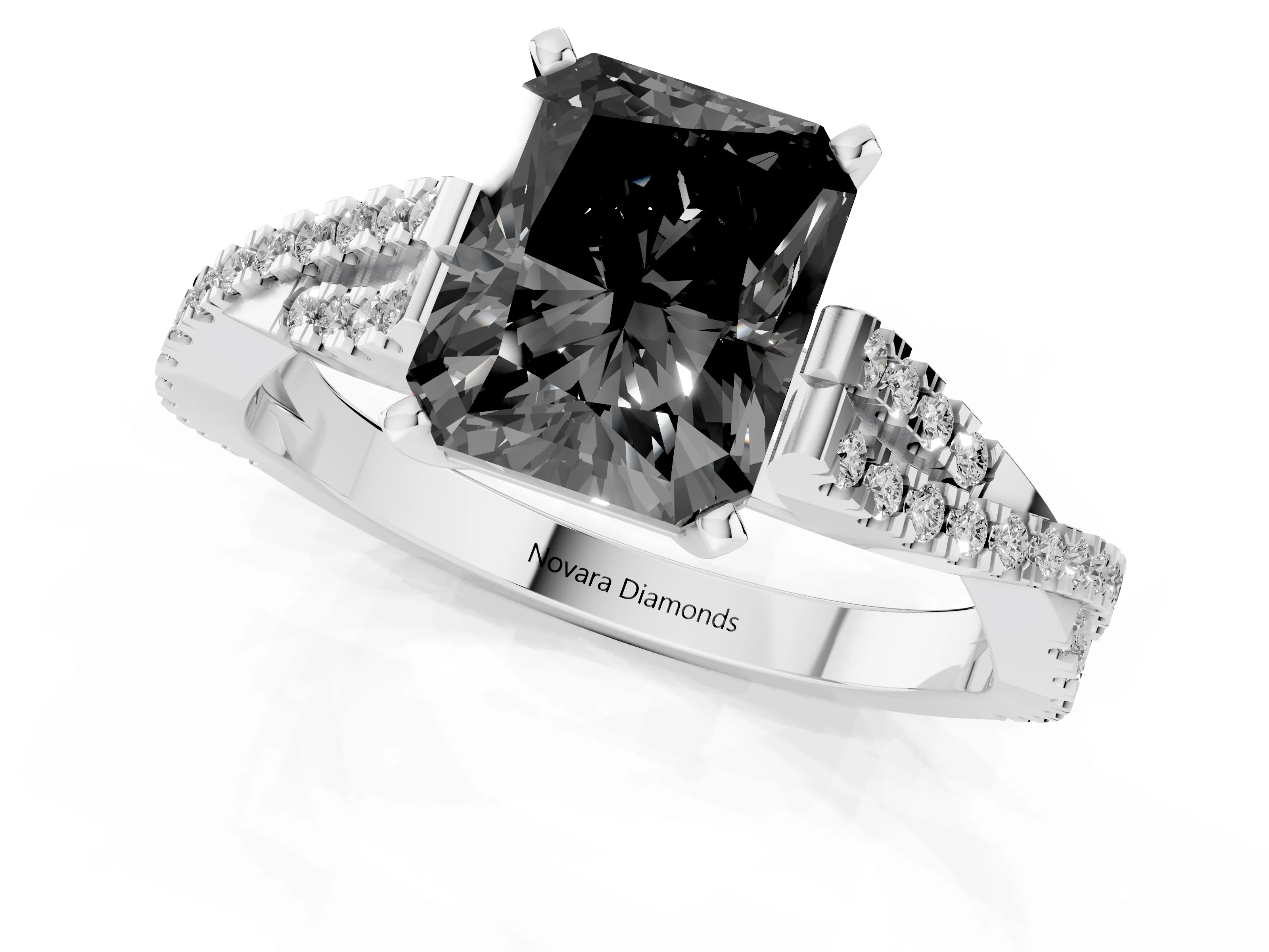 Fancy Black Radiant Cut Diamond Solitaire Engagement Ring Set in White gold with Twisted Pavé Band and Prong Setting