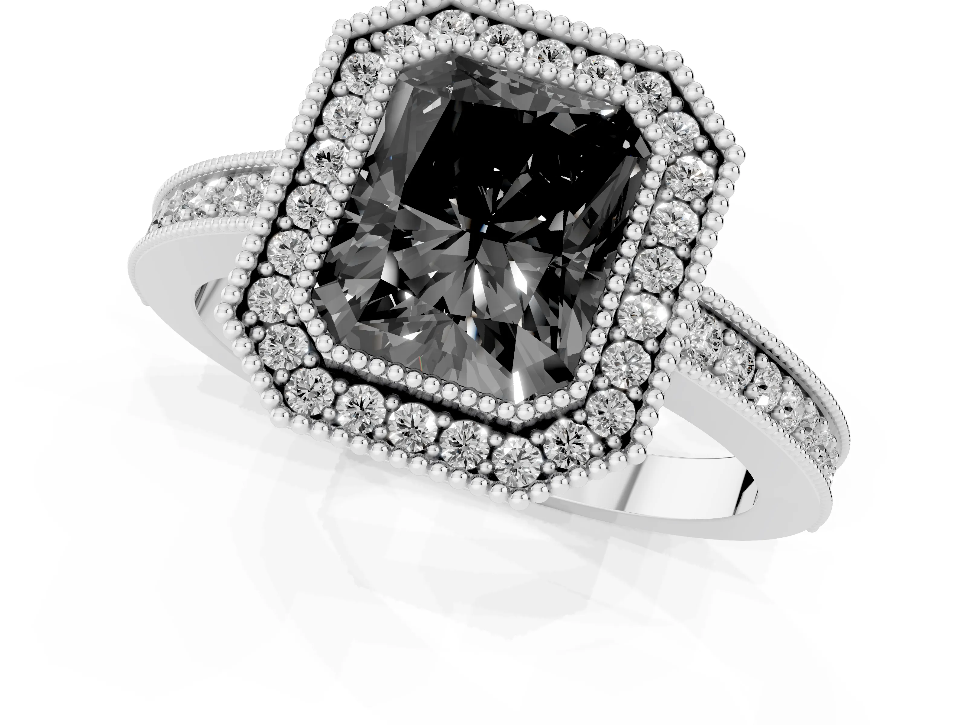 Fancy Black Radiant Cut Diamond Round Halo Ring Set in White gold with Pavé Band