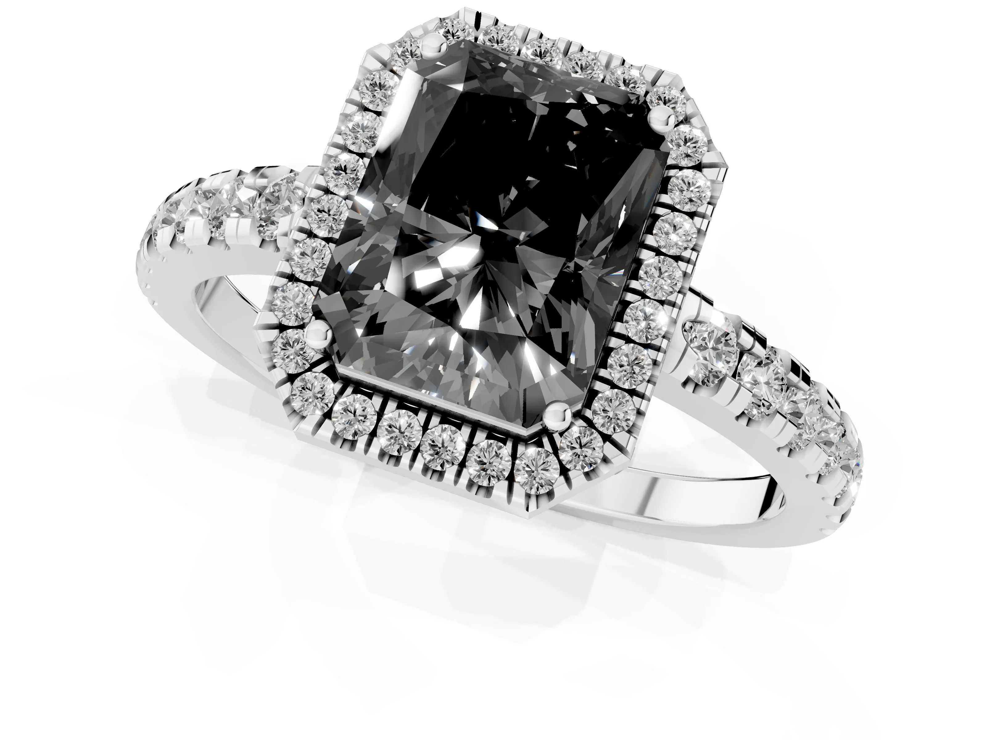 Fancy Black Radiant Cut Diamond Halo Ring Set in Platinum with Delicate Pavé Band and Prong Setting