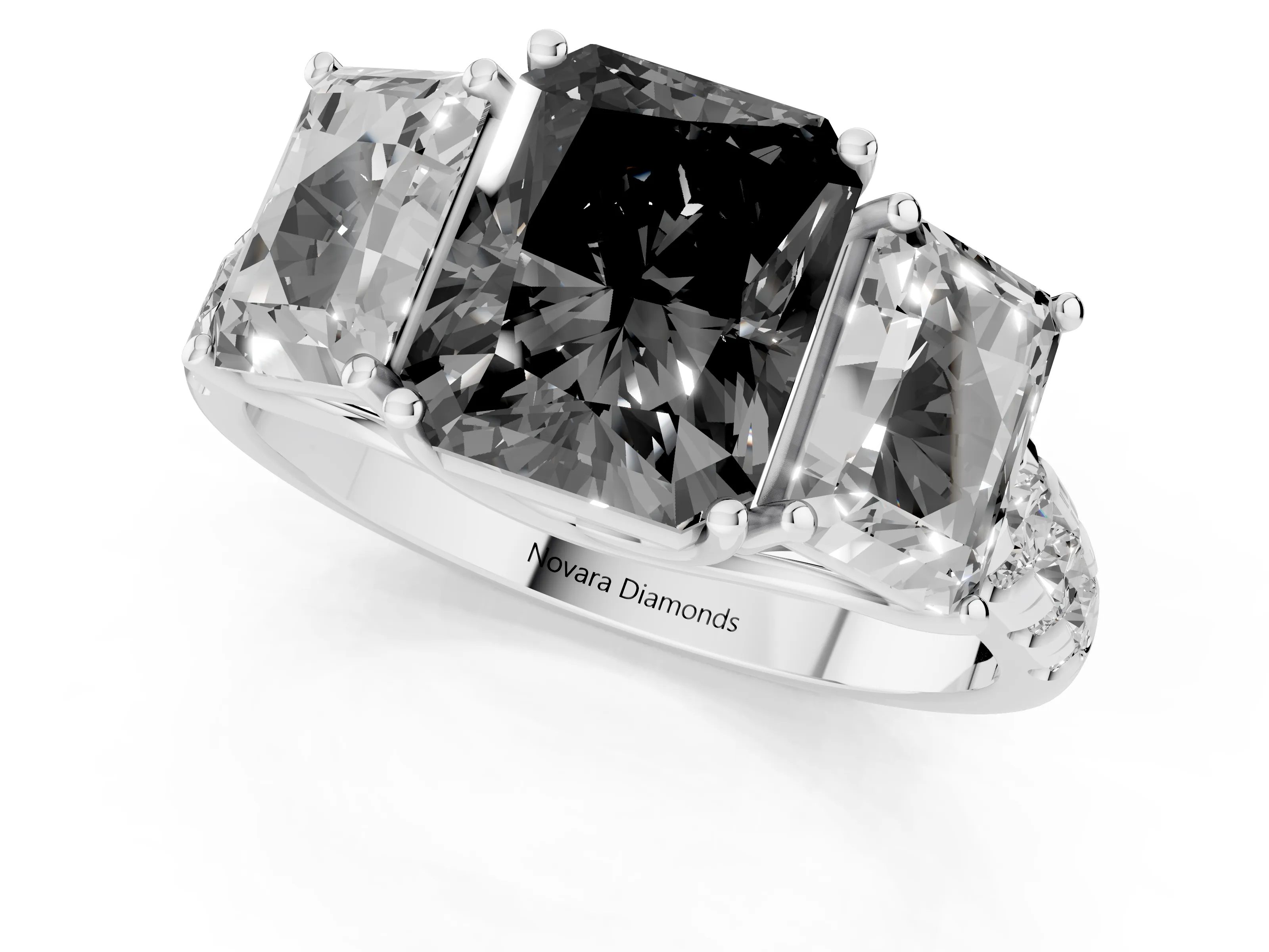 Fancy Black Radiant Cut Diamond Three-Stone Ring Set in Platinum with Pavé Band