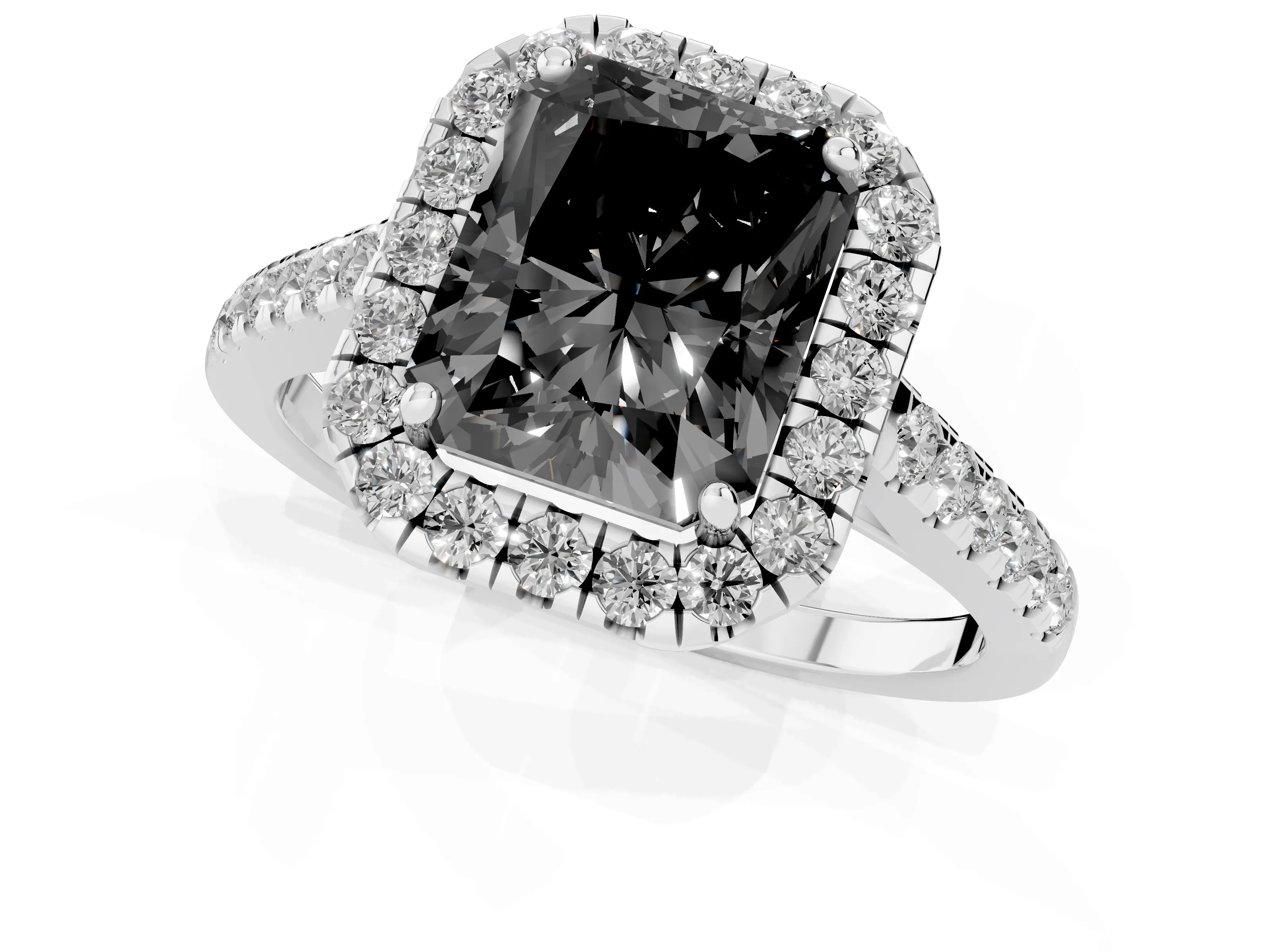 Fancy Black Radiant Cut Diamond Halo Pavé Engagement Ring Set in Silver with Prong Setting