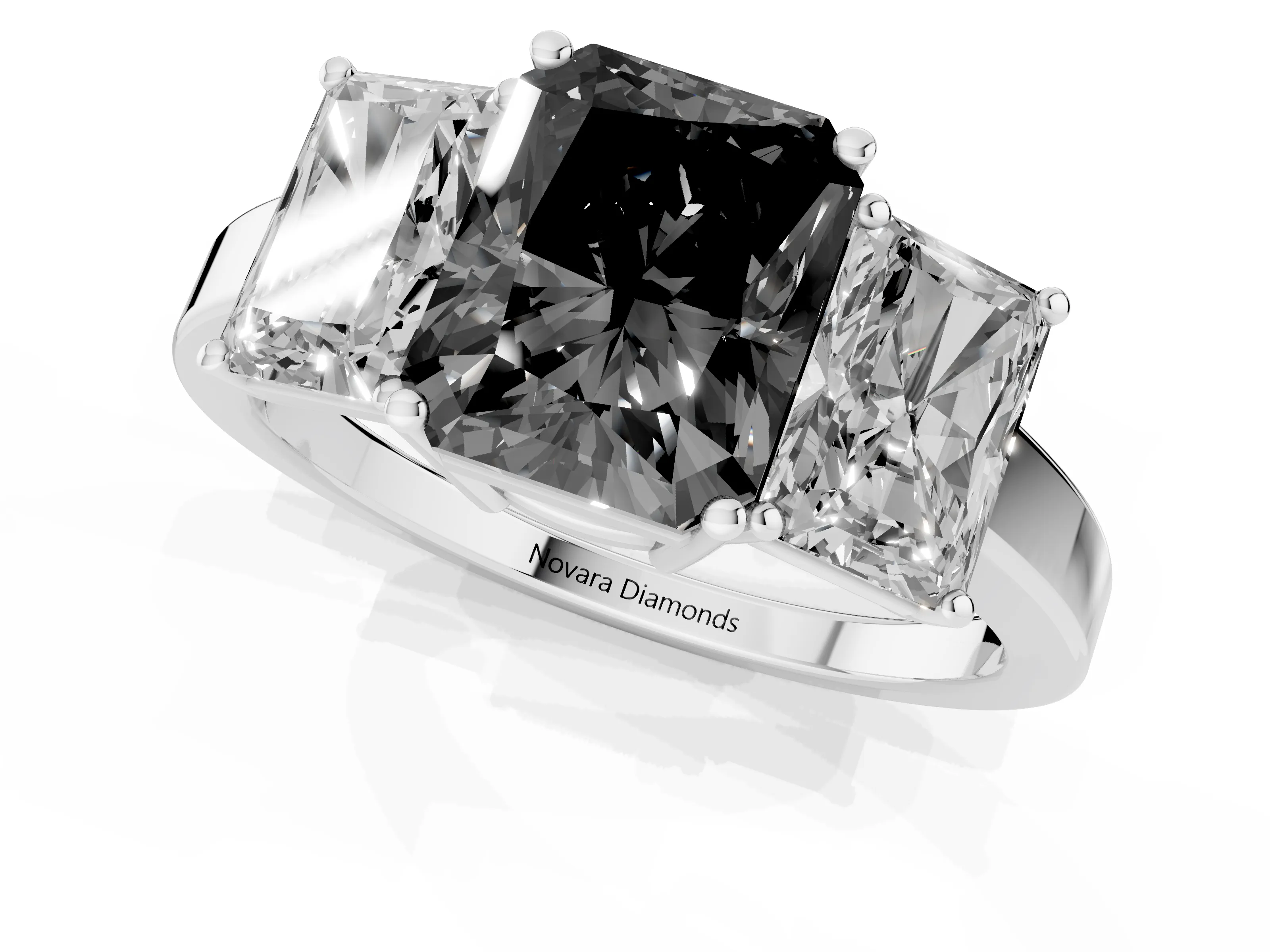 Fancy Black Radiant Cut Diamond Three-Stone Engagement Ring Set in Silver with Flat Band
