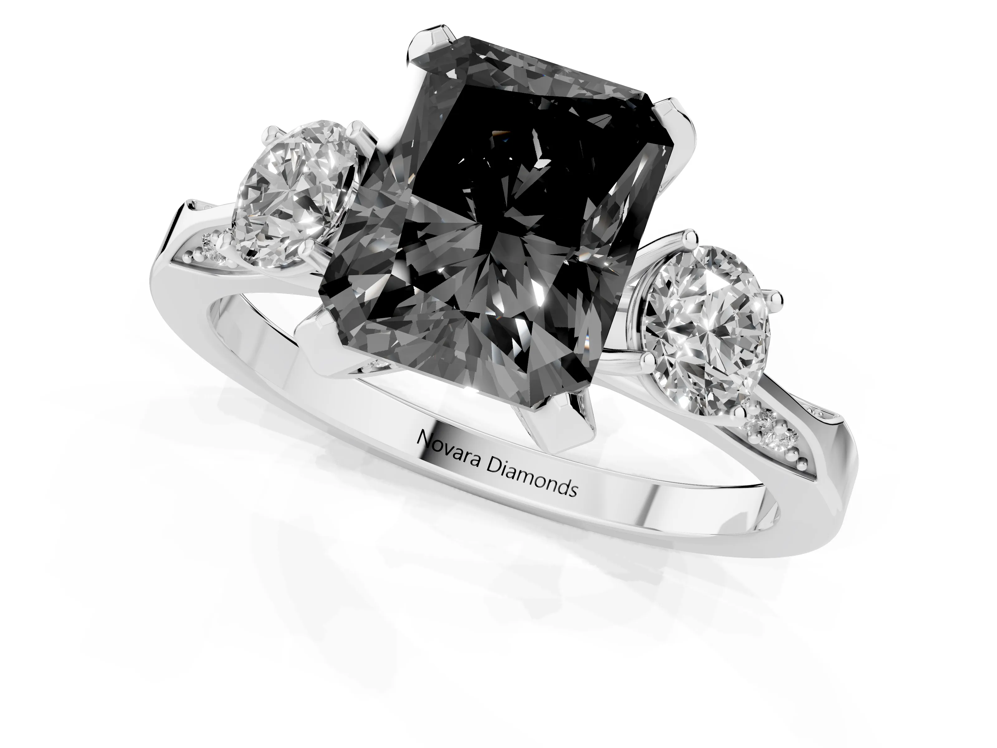 Fancy Black Radiant Cut Diamond Three-Stone Ring Set in Silver with Pavé Band and Smaller Side Stones