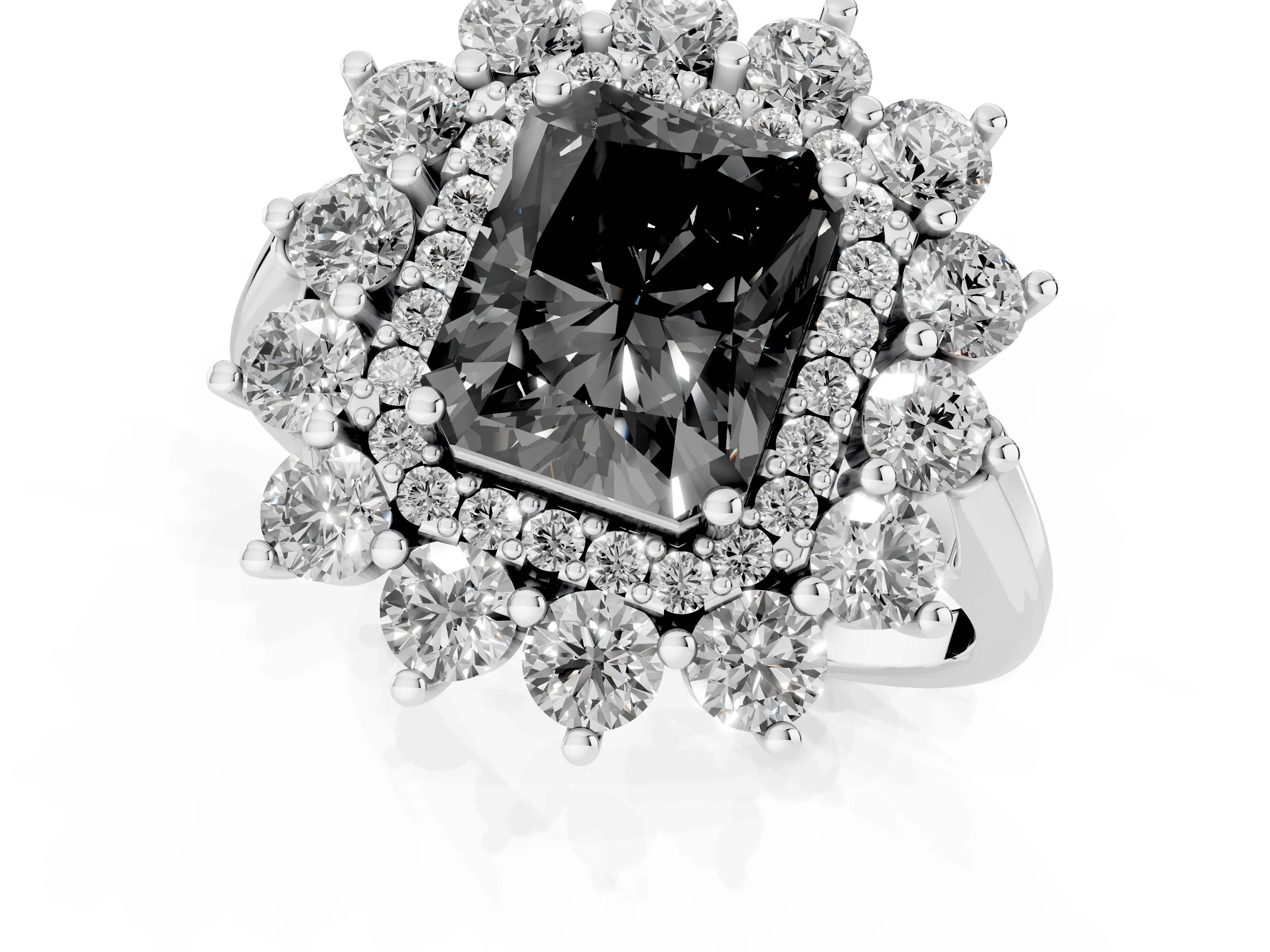Fancy Black Radiant Cut Diamond Floral Double Halo Ring Set in Silver with Round Petals