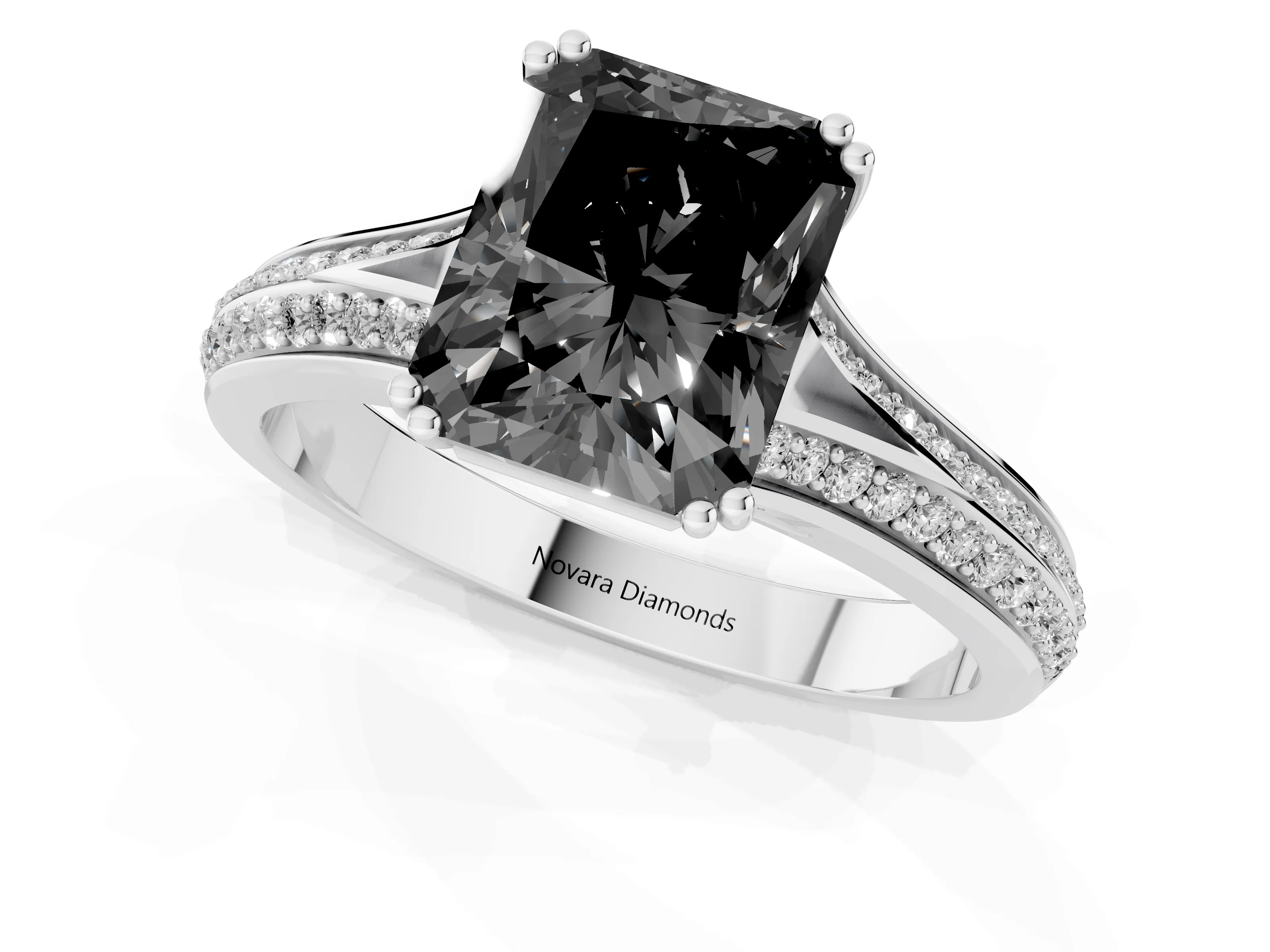 Fancy Black Radiant Cut Diamond Split Shank Pavé Engagement Ring Set in Silver with Prong-Set Center Stone