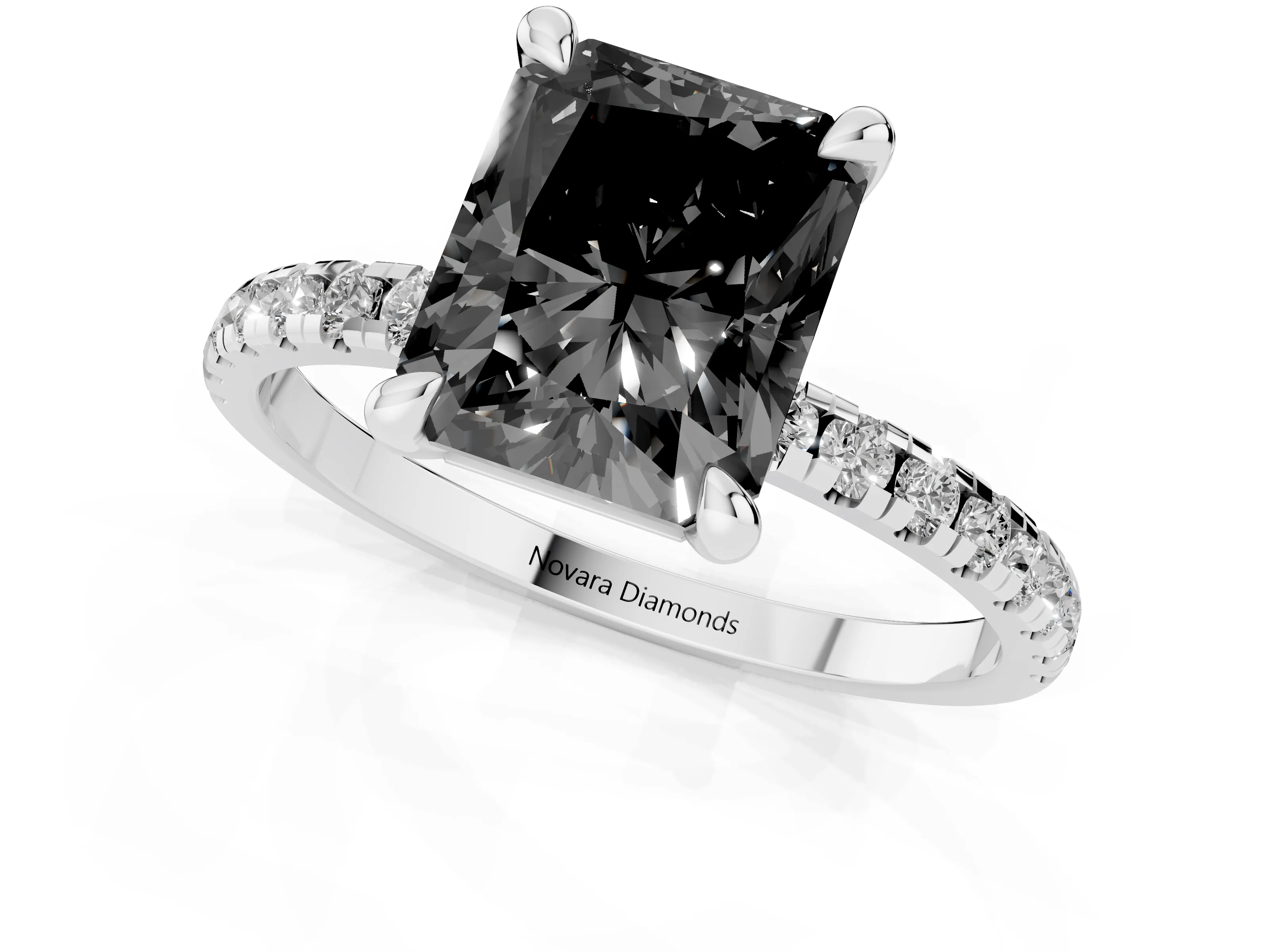 Fancy Black Radiant Cut Diamond Brilliant Solitaire Ring Set in Platinum with Pavé Band and Prong Setting