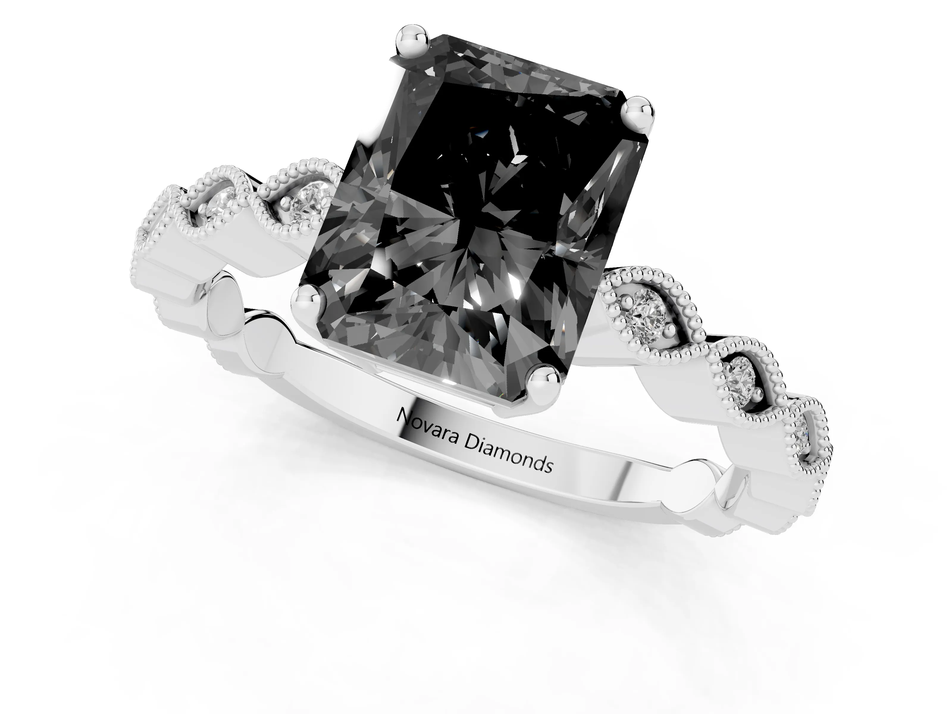 Fancy Black Radiant Cut Diamond Solitaire Ring Set in Silver with Infinity Twist Pavé Band