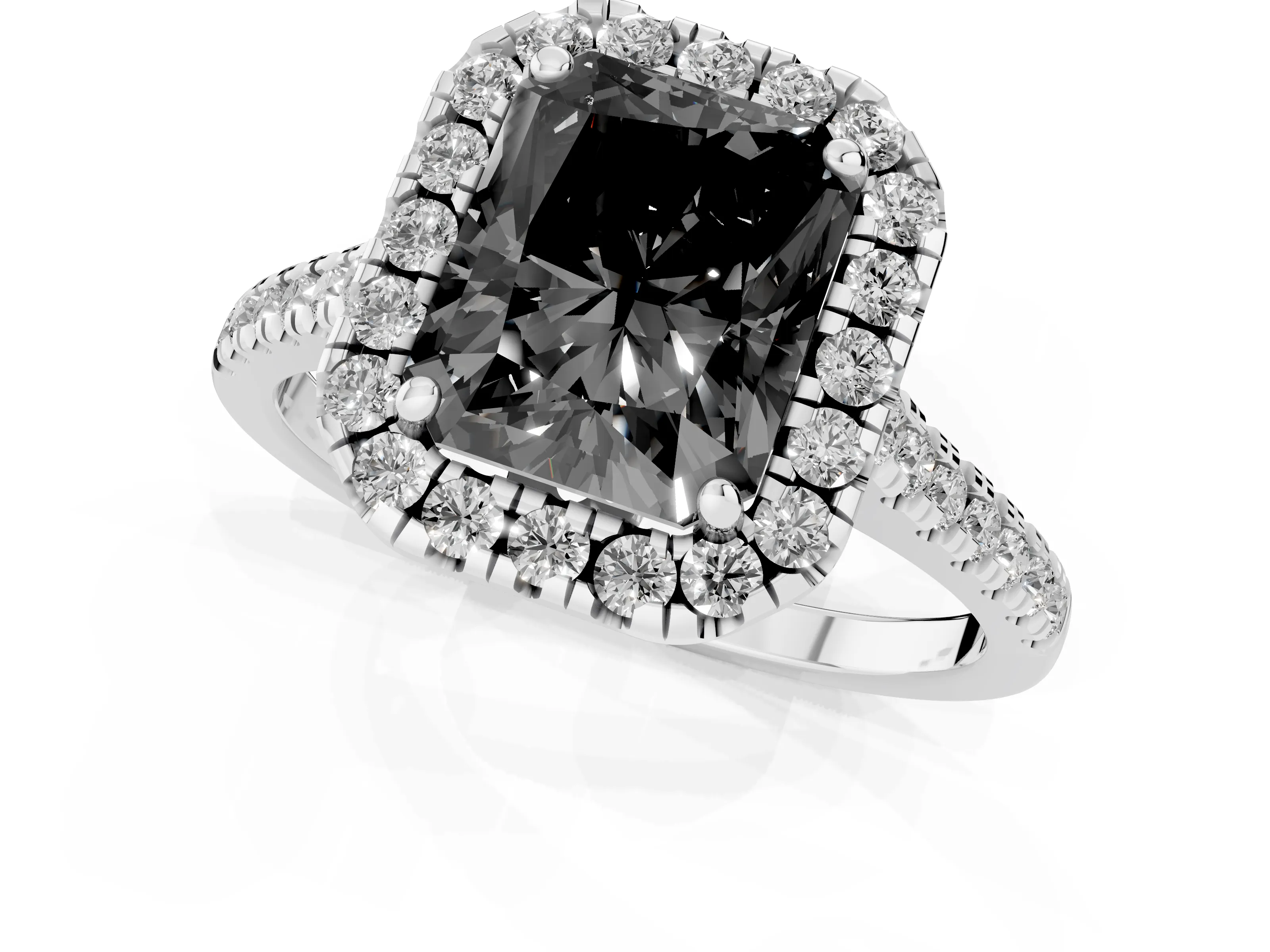 Fancy Black Radiant Cut Diamond Cushion Halo Ring Set in White gold with Pavé Band – second view