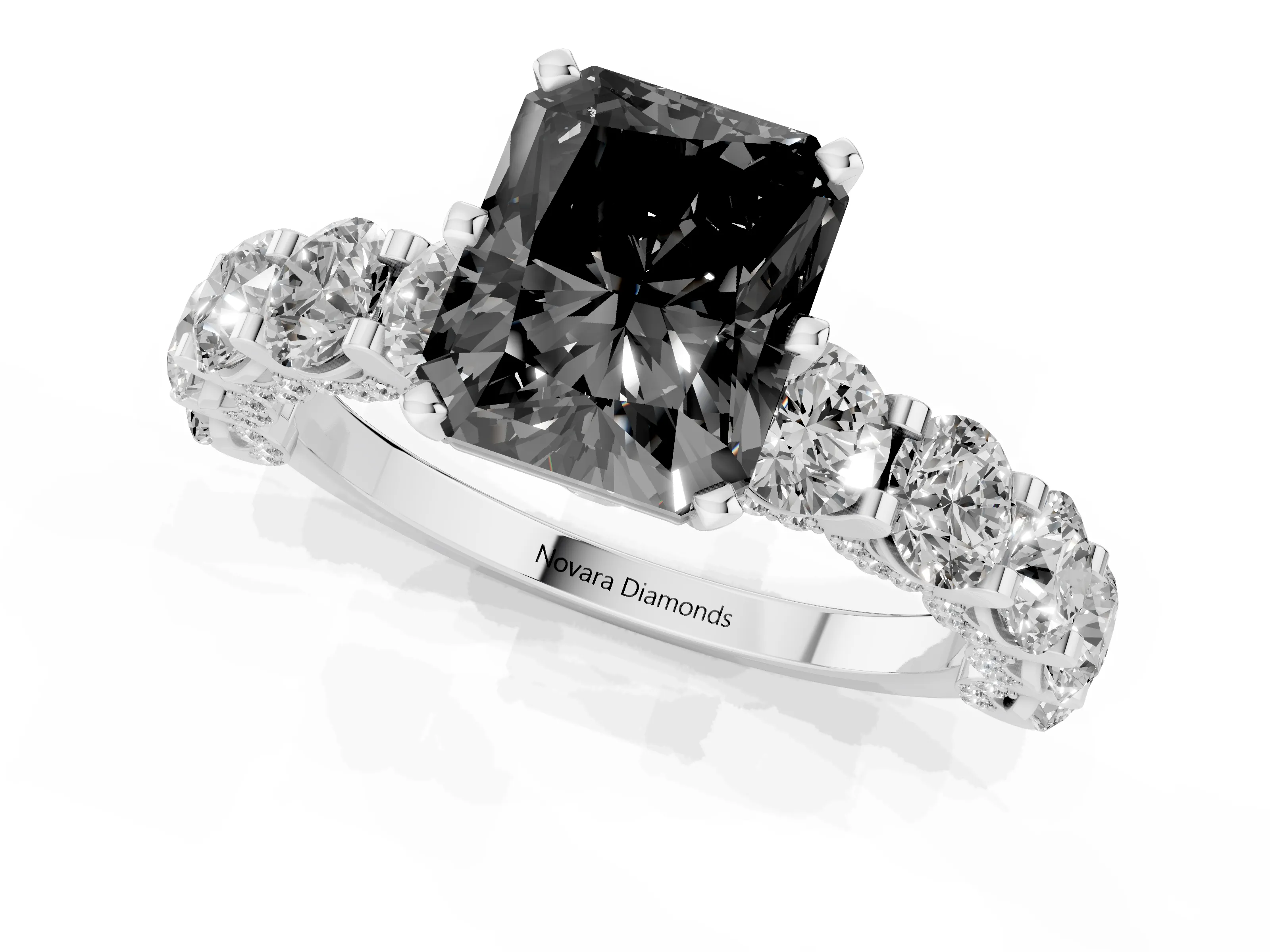 Fancy Black Radiant Cut Diamond Side Stone Ring Set in White gold with Alternating Round and Oval Side Stones – second view