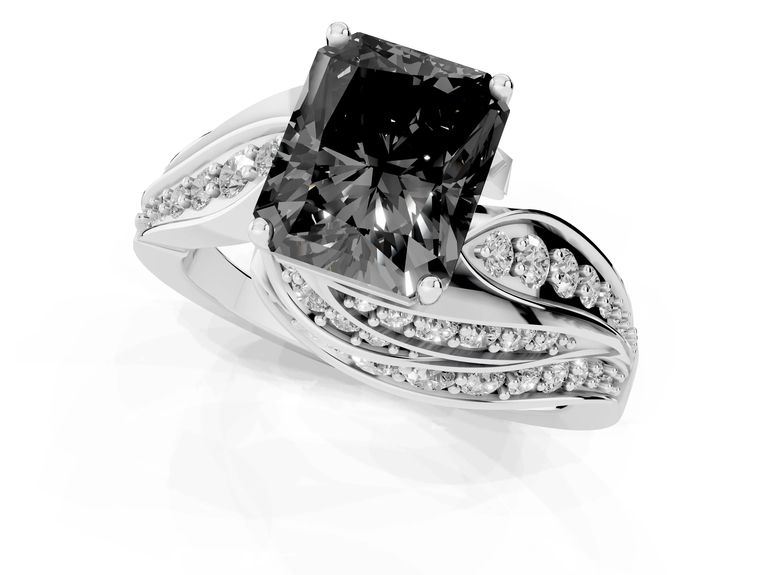 Fancy Black Radiant Cut Diamond Solitaire Ring Set in White gold with Layered Twist Pavé Band