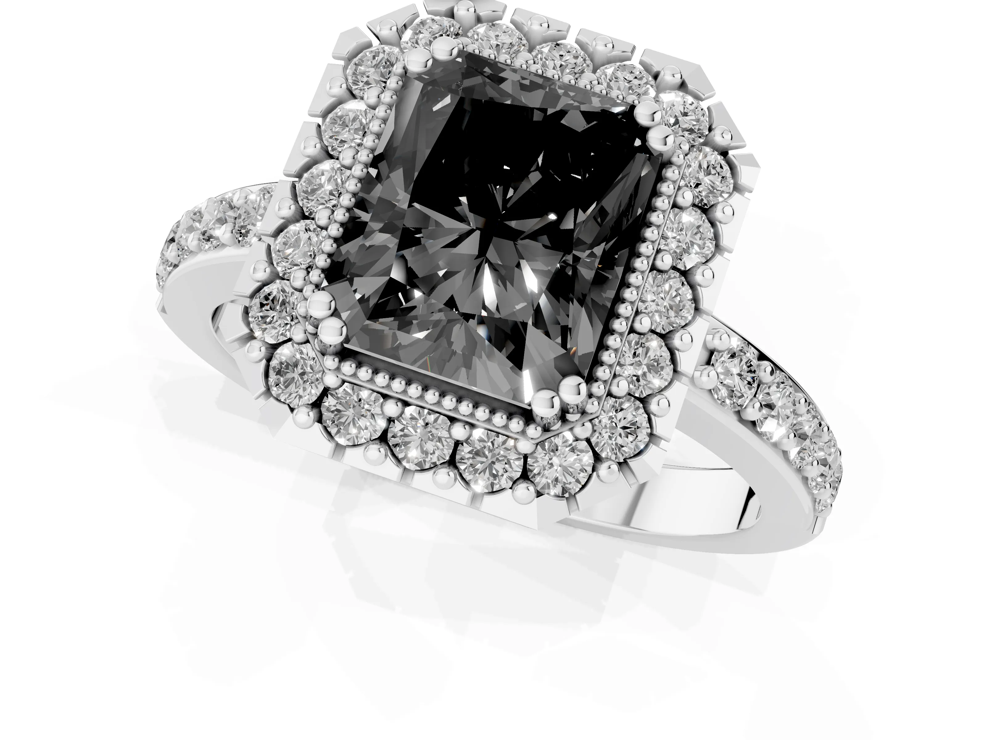 Fancy Black Radiant Cut Diamond Halo Ring Set in Silver with Pavé Shank and Prong Setting