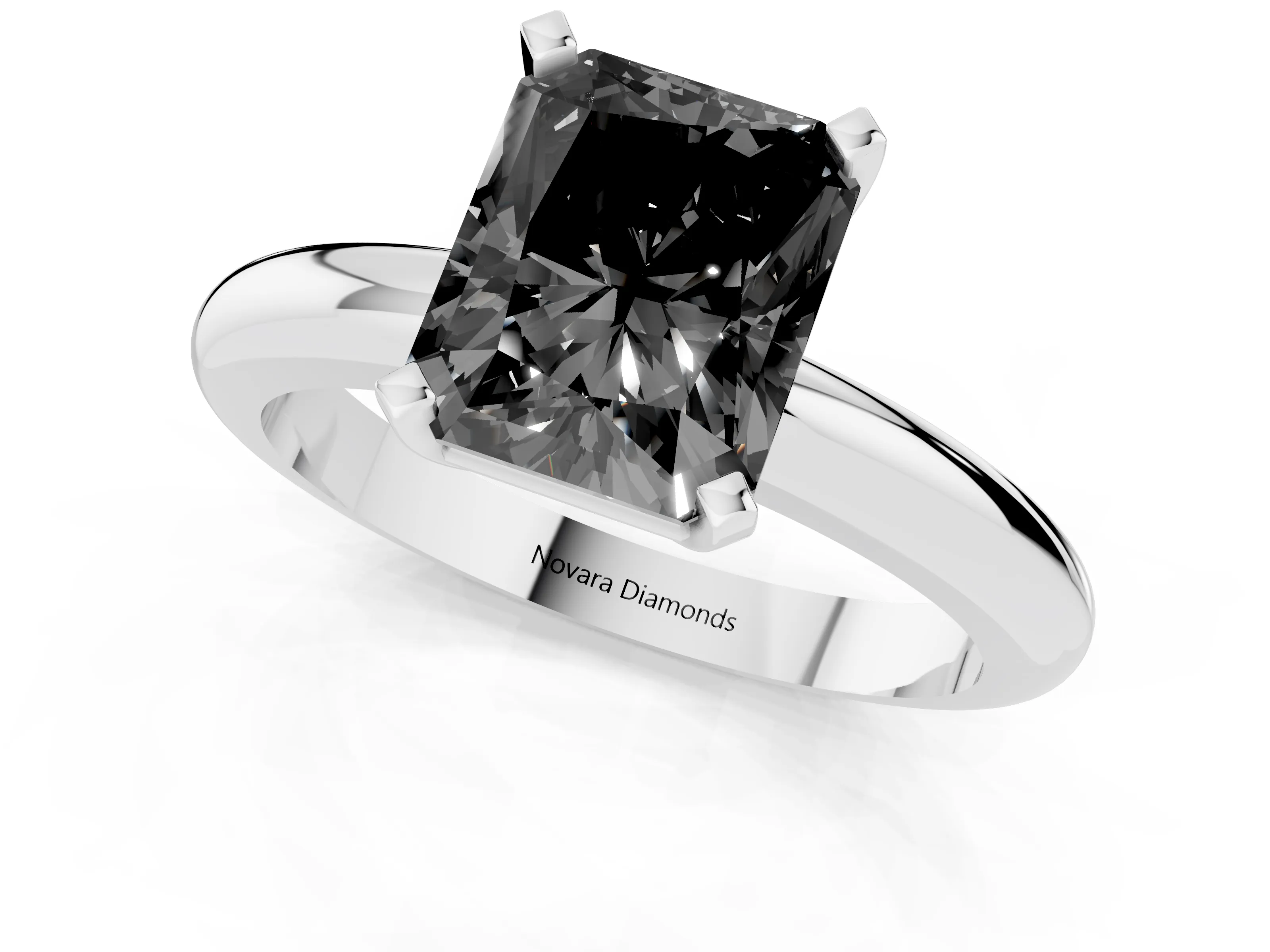 Fancy Black Radiant Cut Diamond Solitaire Engagement Ring Set in Silver with Round Band and Prong Setting
