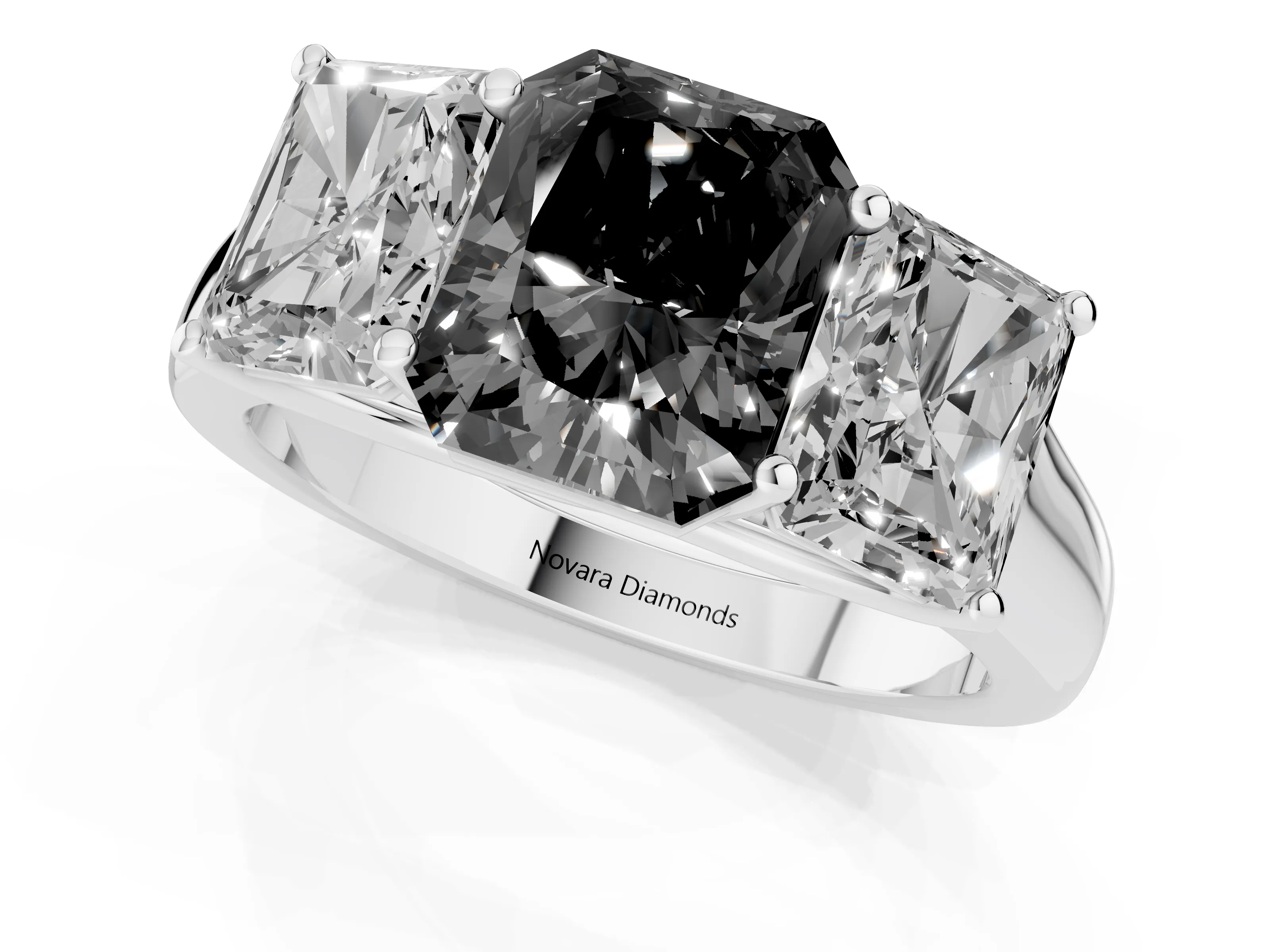 Fancy Black Radiant Cut Diamond Three-Stone Ring Set in White gold with Plain Polished Band