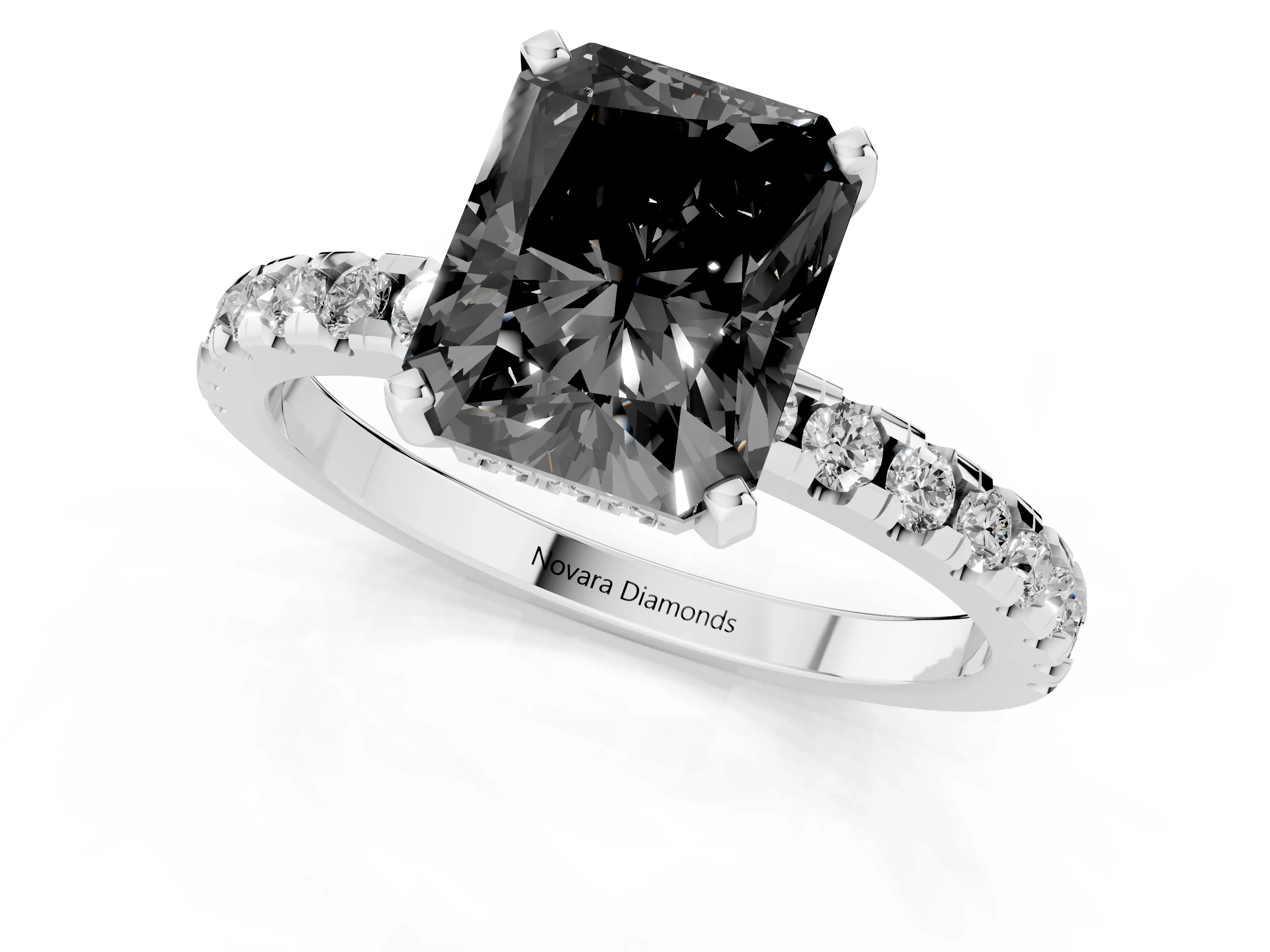 Fancy Black Radiant Cut Diamond Pavé Solitaire Ring Set in Silver with Round Band Accents and Prong Setting