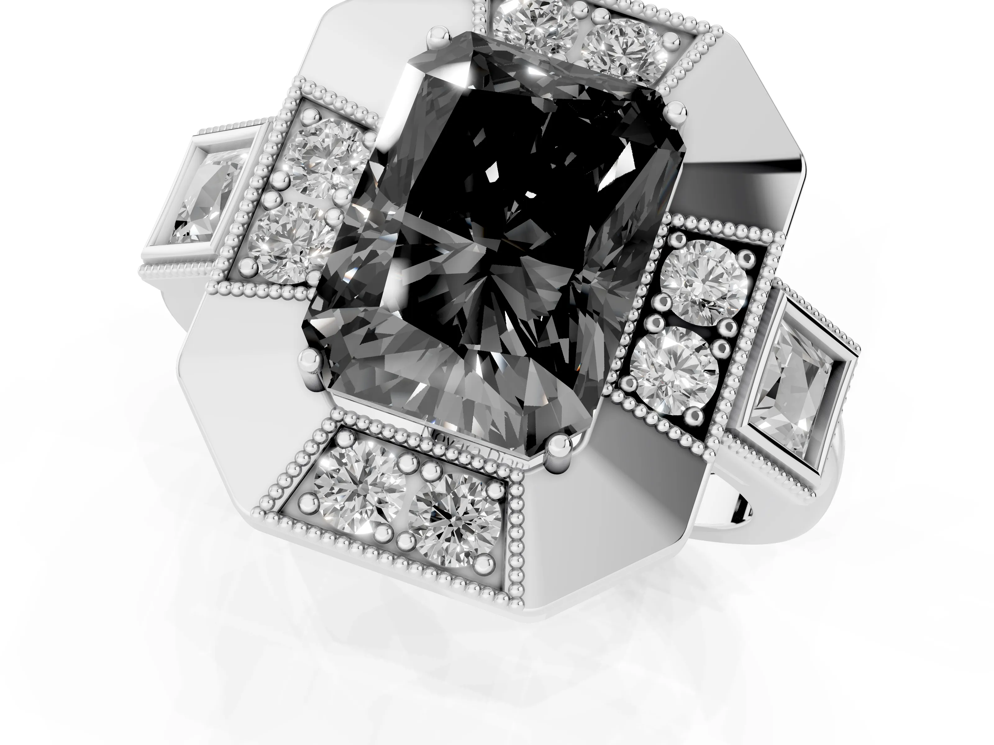 Fancy Black Radiant Cut Diamond Milgrain Halo Ring Set in Silver with Split Shank