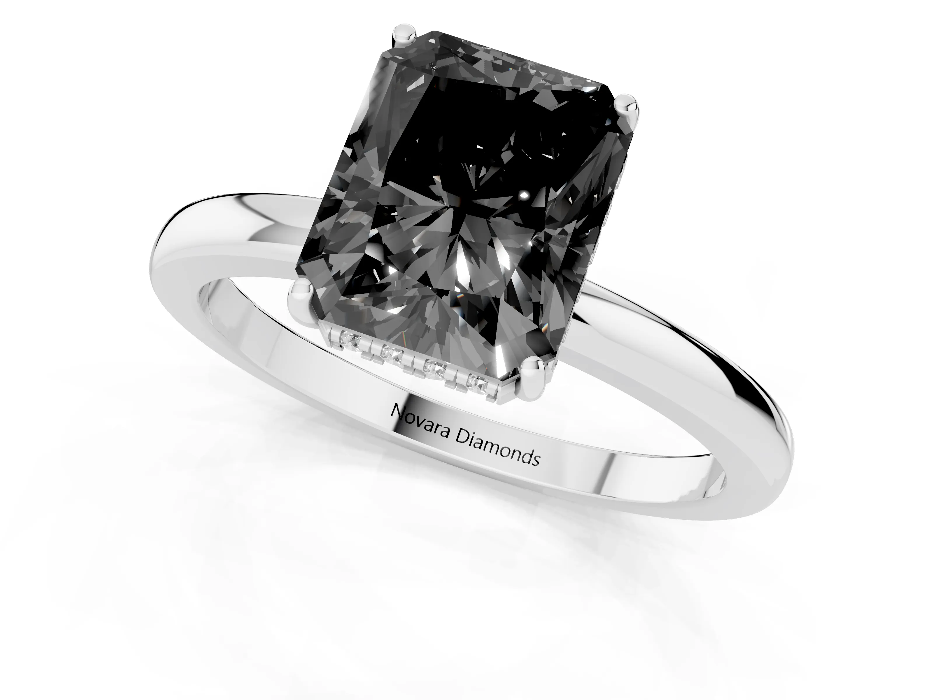 Fancy Black Radiant Cut Diamond Solitaire Ring Set in Platinum with Plain Band and Prong Setting