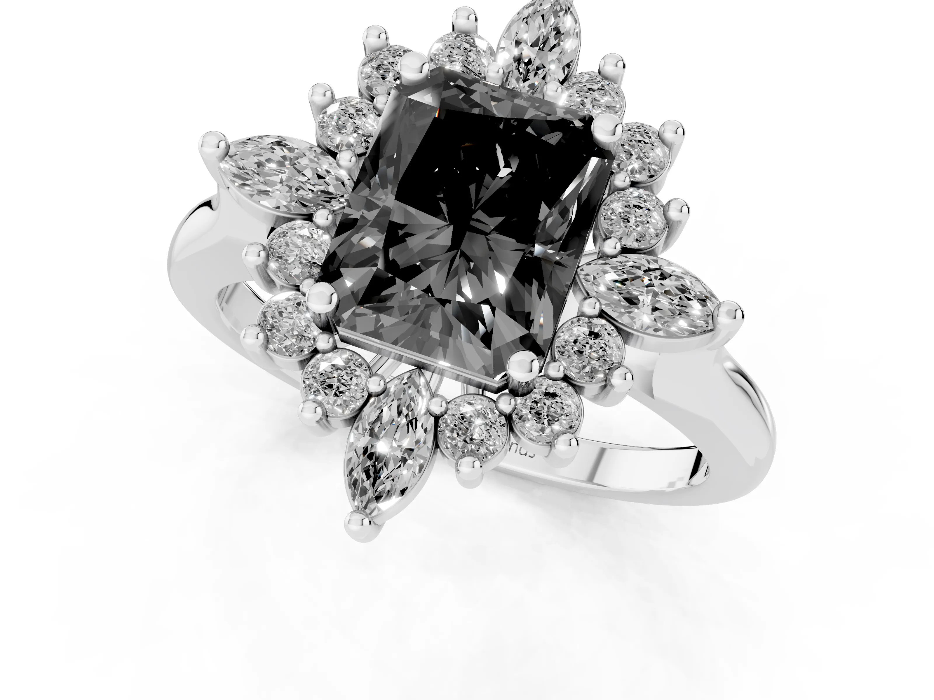 Fancy Black Radiant Cut Diamond Cluster Halo Ring Set in Platinum with Marquise and Round Accents