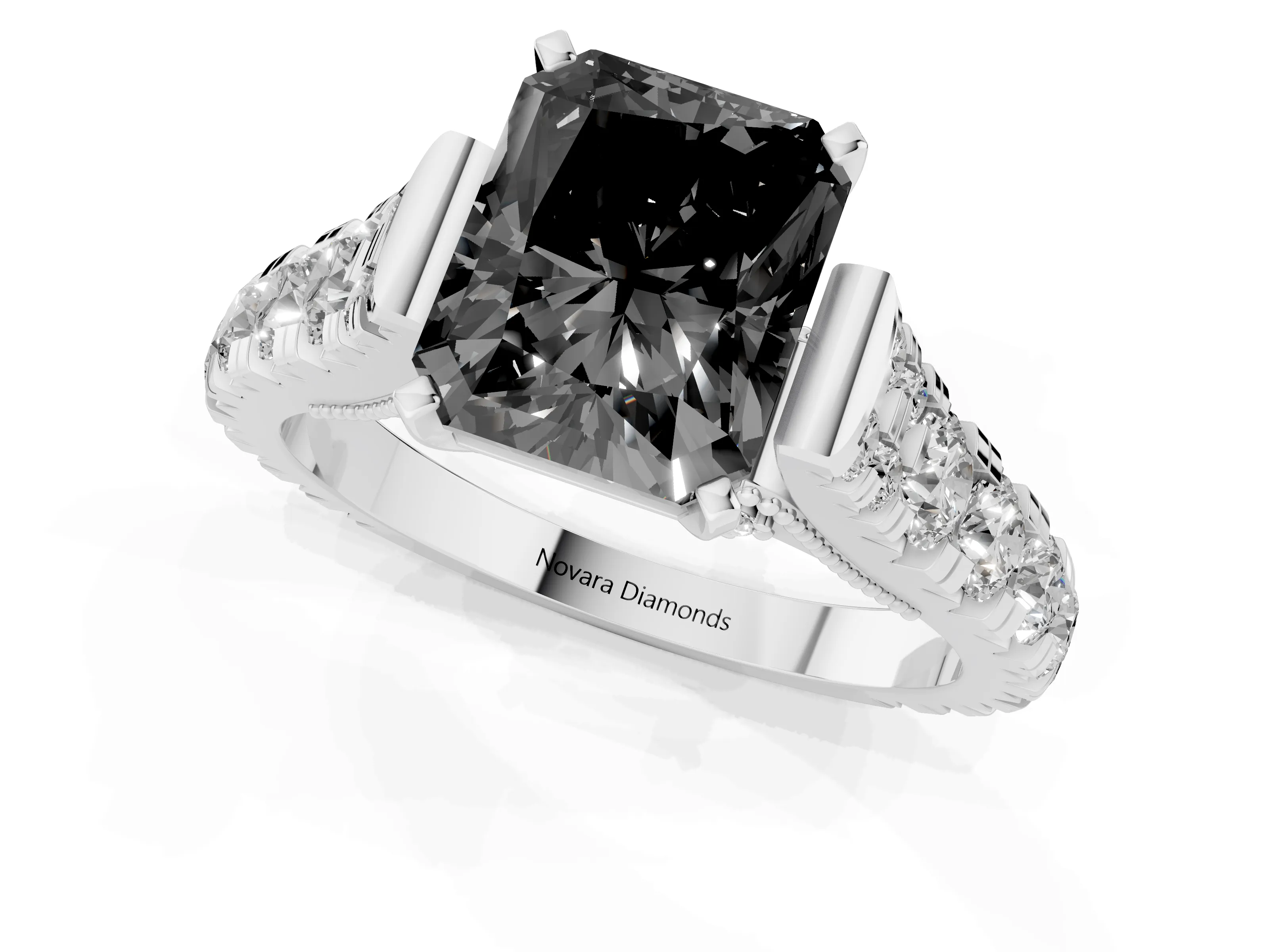Fancy Black Radiant Cut Diamond Classic Solitaire Ring Set in Silver with Pavé Band and Prong Setting