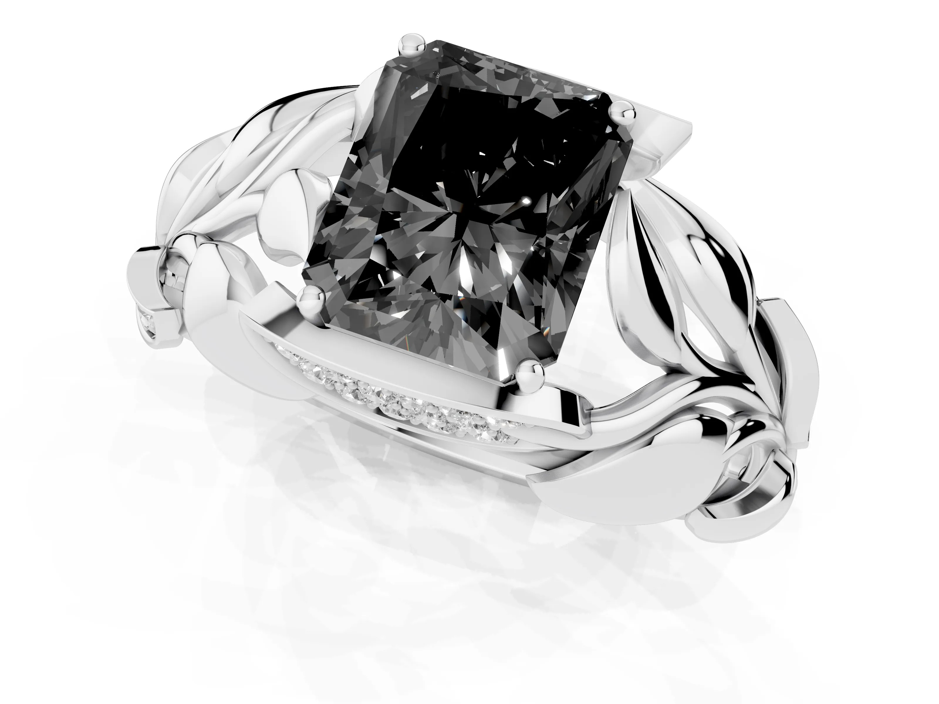 Fancy Black Radiant Cut Diamond Leaf-Inspired Engagement Ring Set in White gold with Round Accents – second view