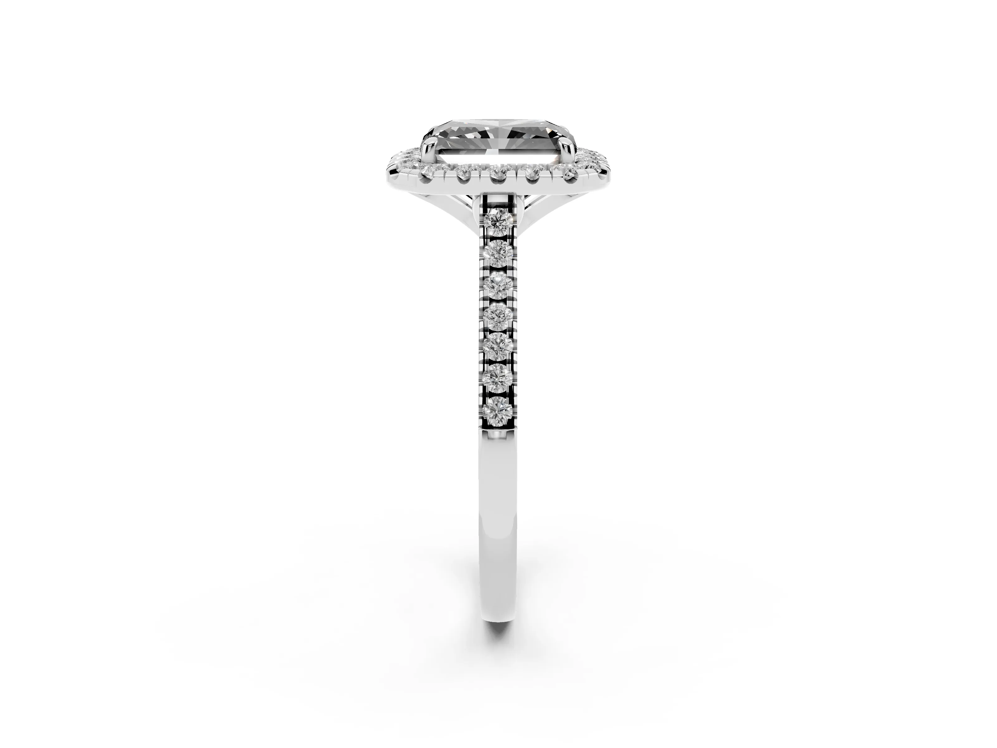 Fancy Black Radiant Cut Diamond Cushion Halo Ring Set in Silver with Pavé Band