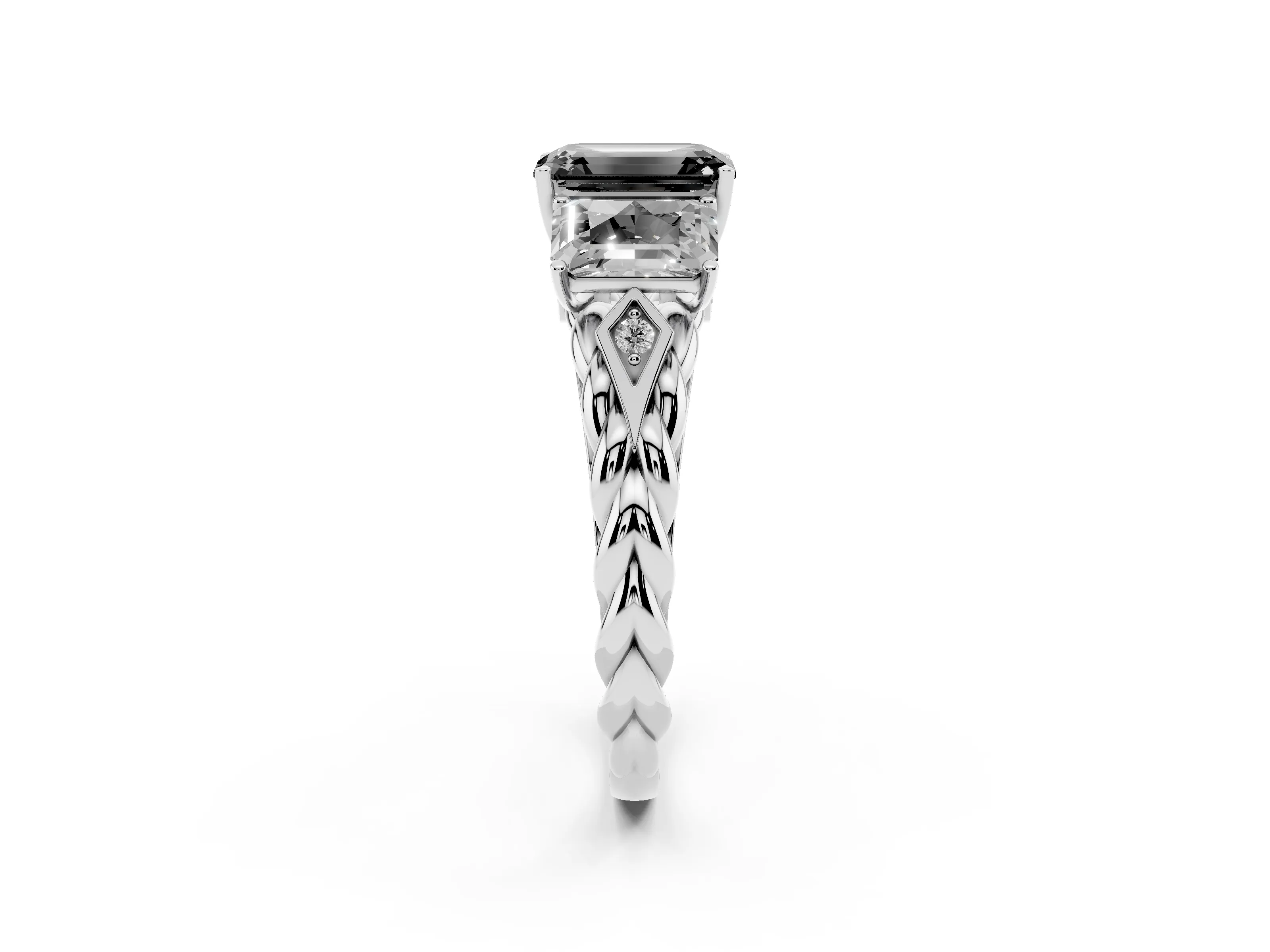 Fancy Black Radiant Cut Diamond Three-Stone Ring Set in White gold with Braided Band