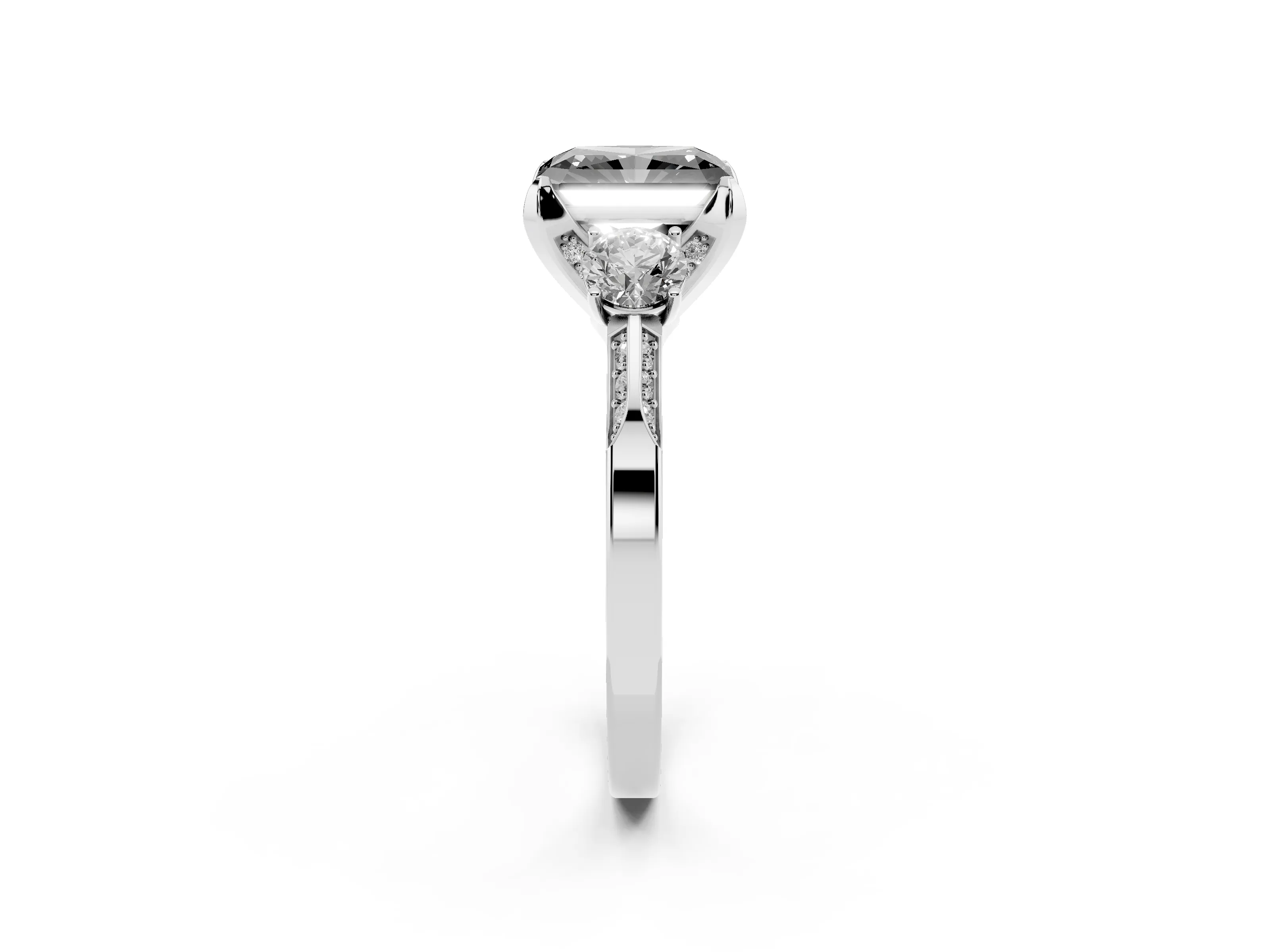 Fancy Black Radiant Cut Diamond Three-Stone Ring Set in Silver with Pavé Band and Smaller Side Stones