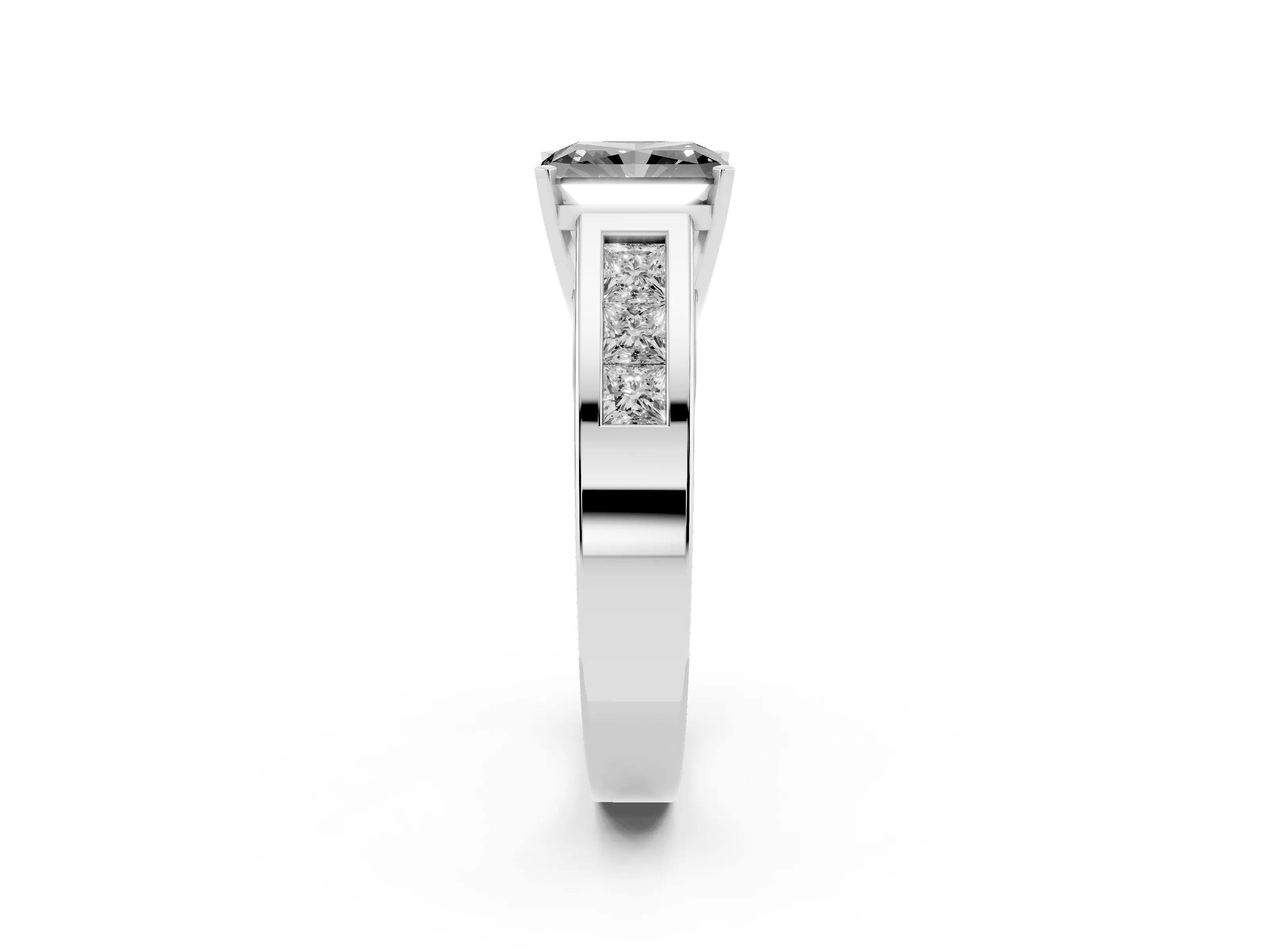 Fancy Black Radiant Cut Diamond Solitaire Ring Set in Silver with Channel-Set Accent Stones and Prong Setting