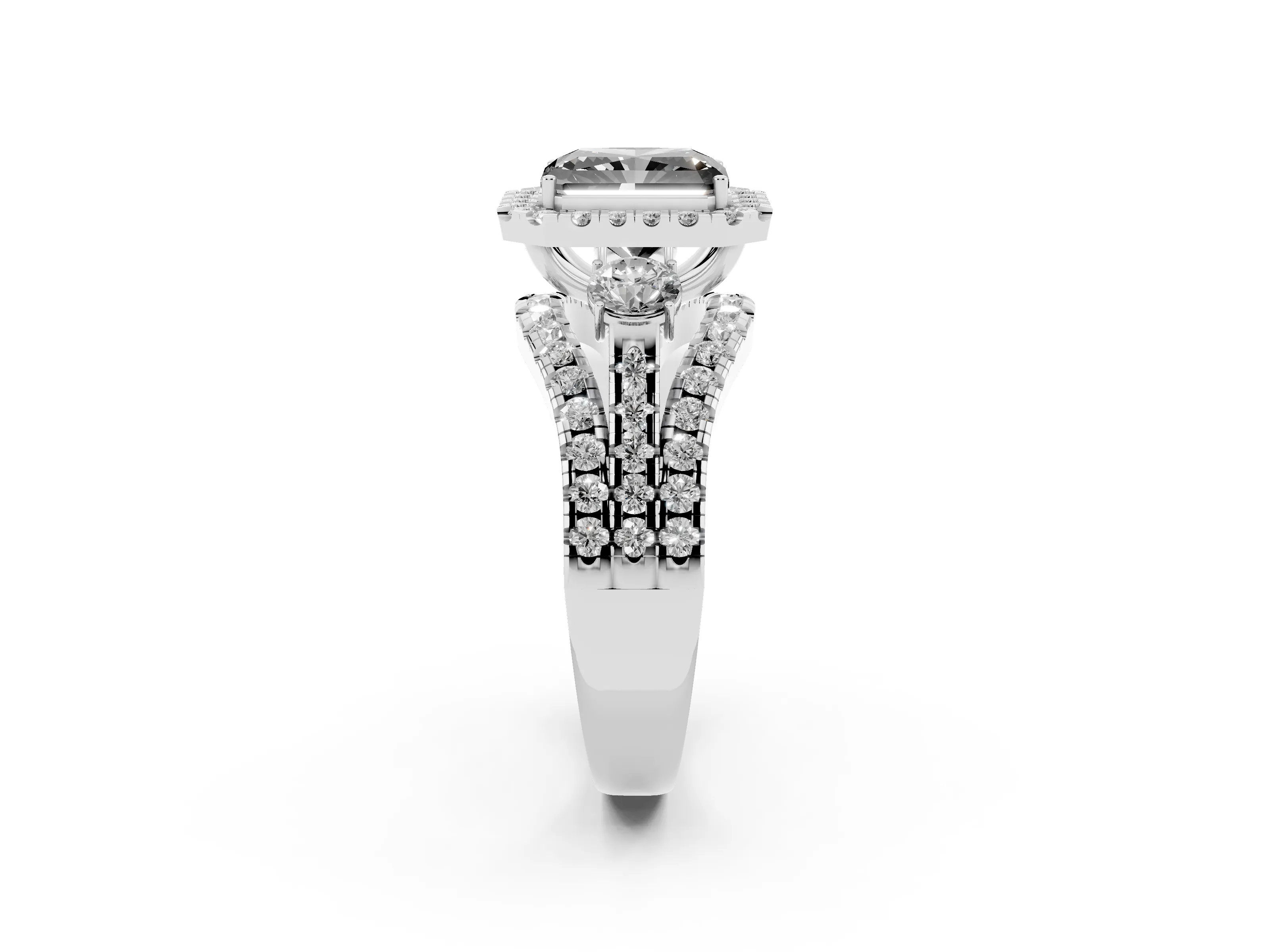Fancy Black Radiant Cut Diamond Halo Split Shank Ring Set in White gold with Round Accent Stones and Prong Setting
