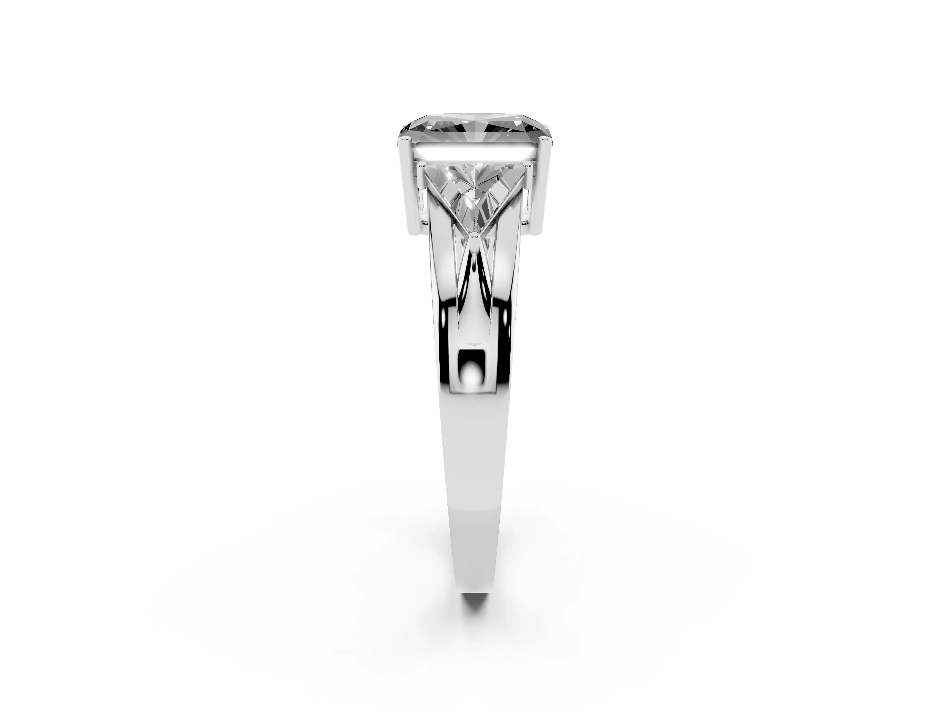 Fancy Black Radiant Cut Diamond Three-Stone Ring Set in Silver with Trillion Side Stones and Split Shank
