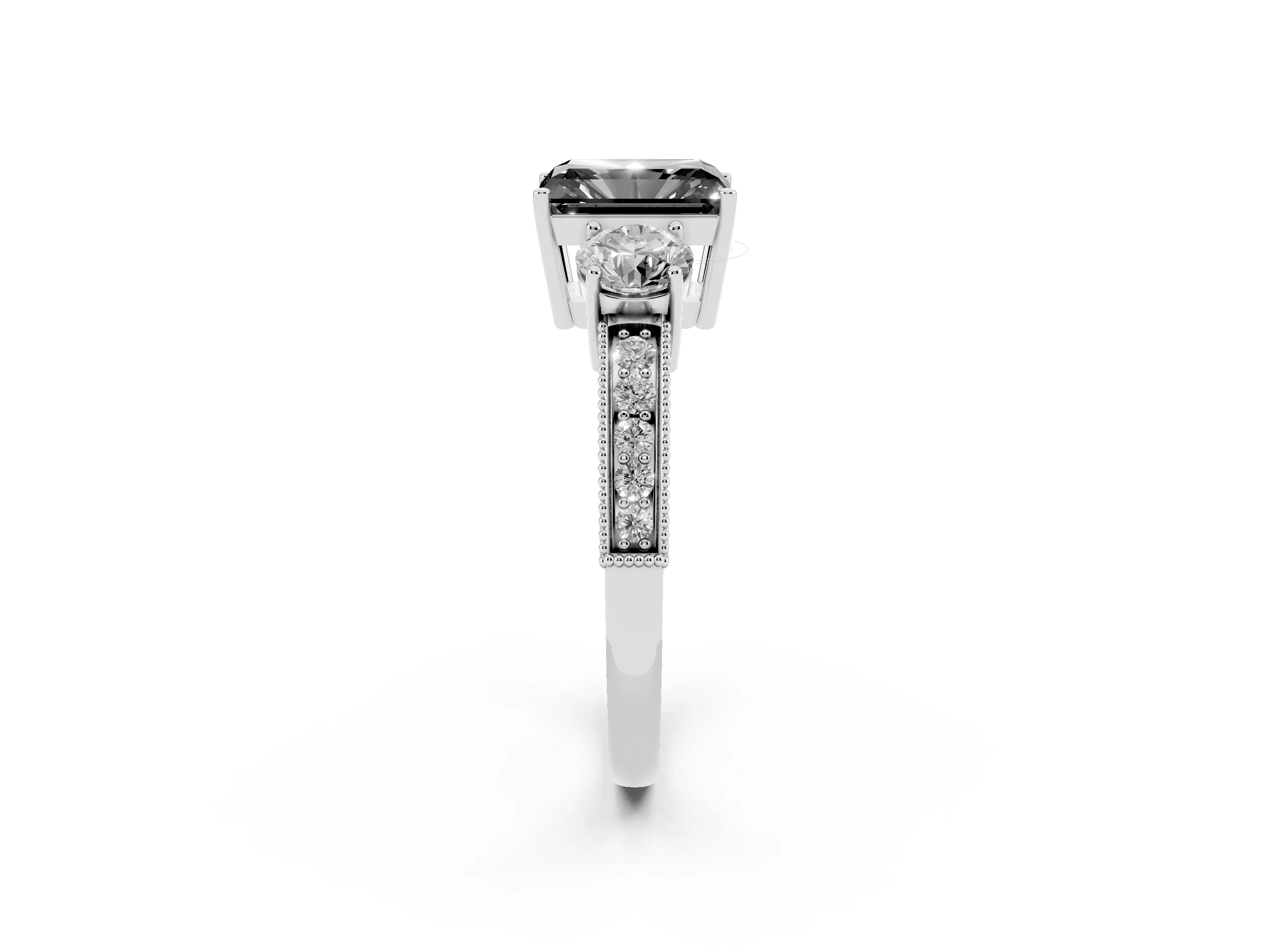 Fancy Black Radiant Cut Diamond Three-Stone Ring Set in Platinum with Round Side Stones and Pavé Band