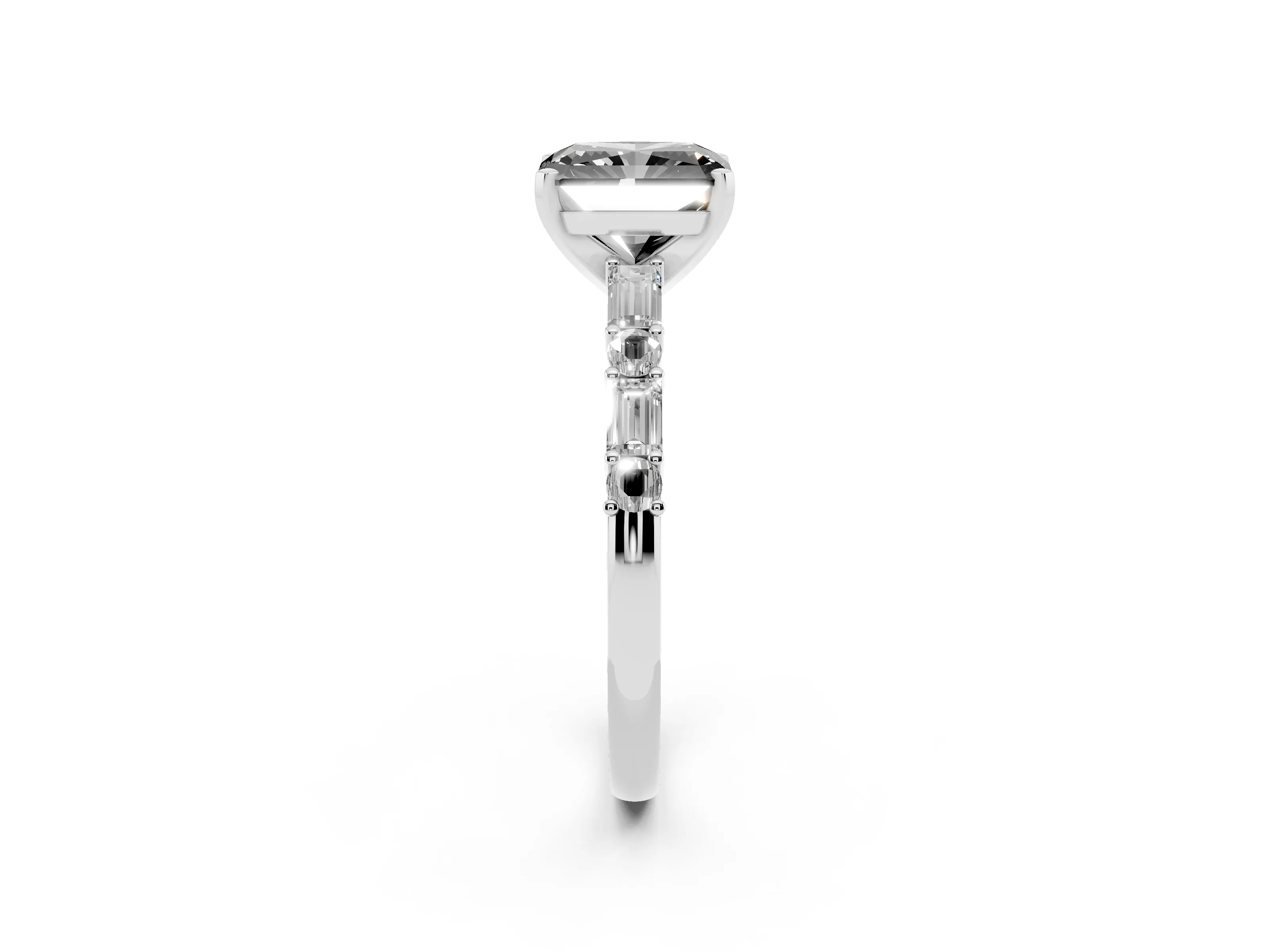 Fancy Black Radiant Cut Diamond Solitaire Set in Silver with Side Baguettes and Channel Set Band