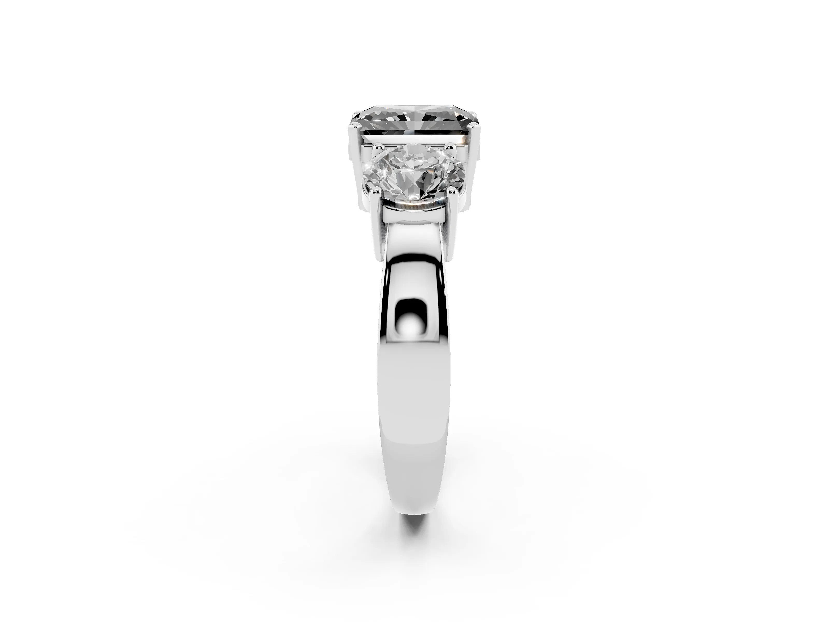 Fancy Black Radiant Cut Diamond Three-Stone Ring Set in Silver with Round Side Stones and Classic Band
