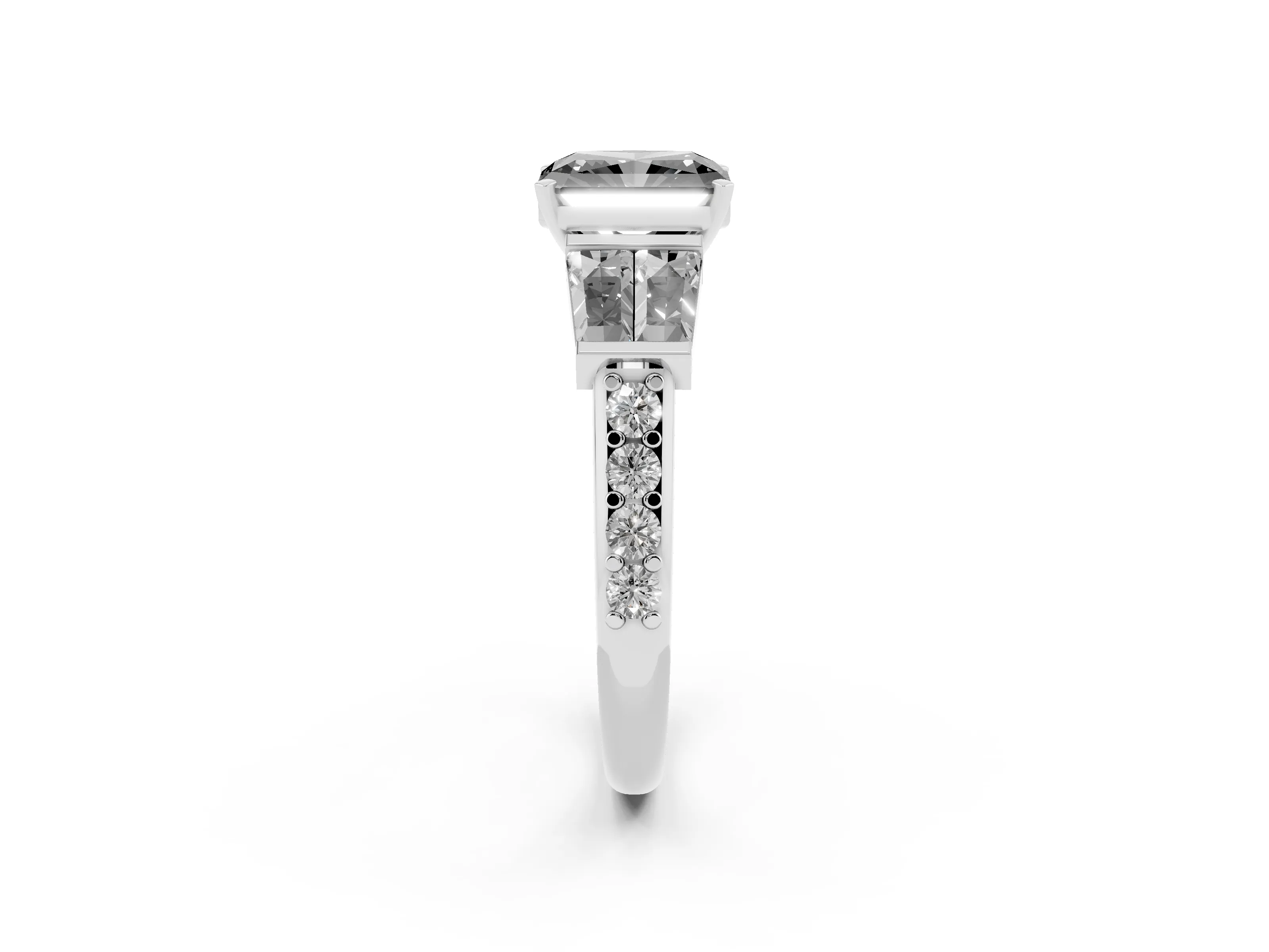 Fancy Black Radiant Cut Diamond Engagement Ring Set in Silver with Baguette Side Stones and Channel Set Band