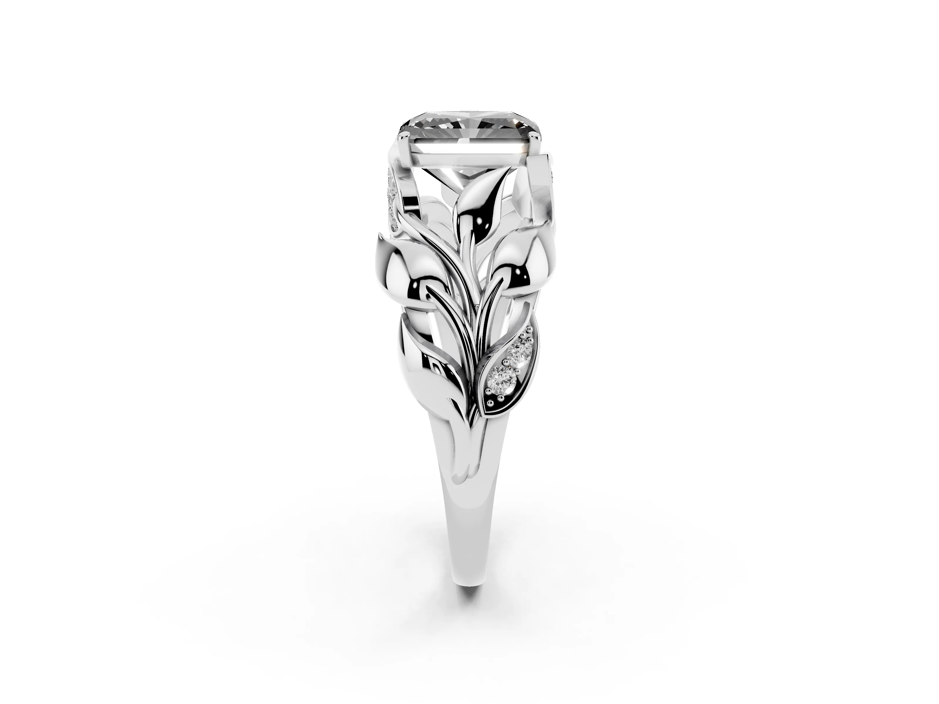 Fancy Black Radiant Cut Diamond Leaf-Inspired Engagement Ring Set in Platinum with Round Accents