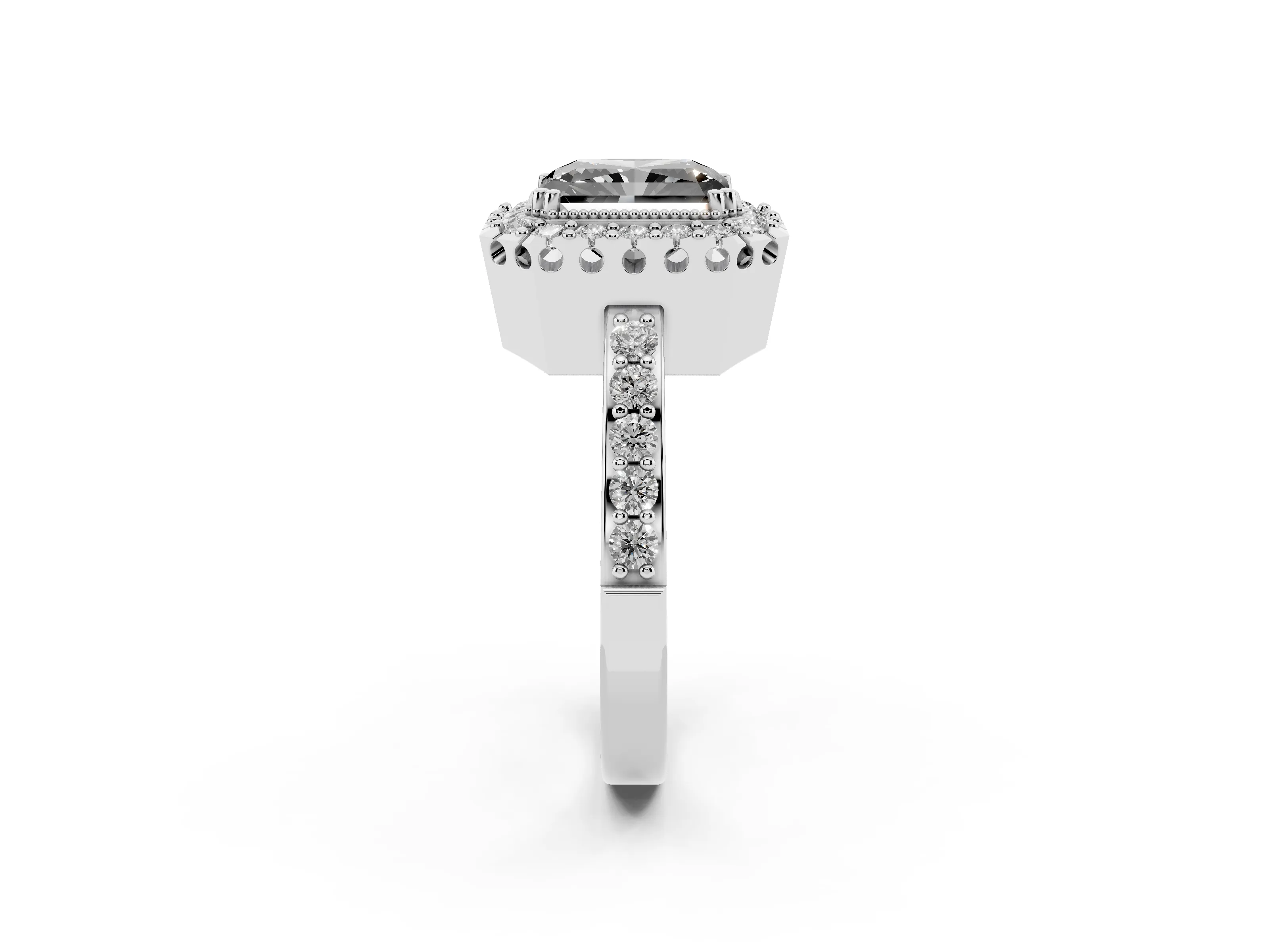Fancy Black Radiant Cut Diamond Halo Ring Set in Silver with Pavé Shank and Prong Setting