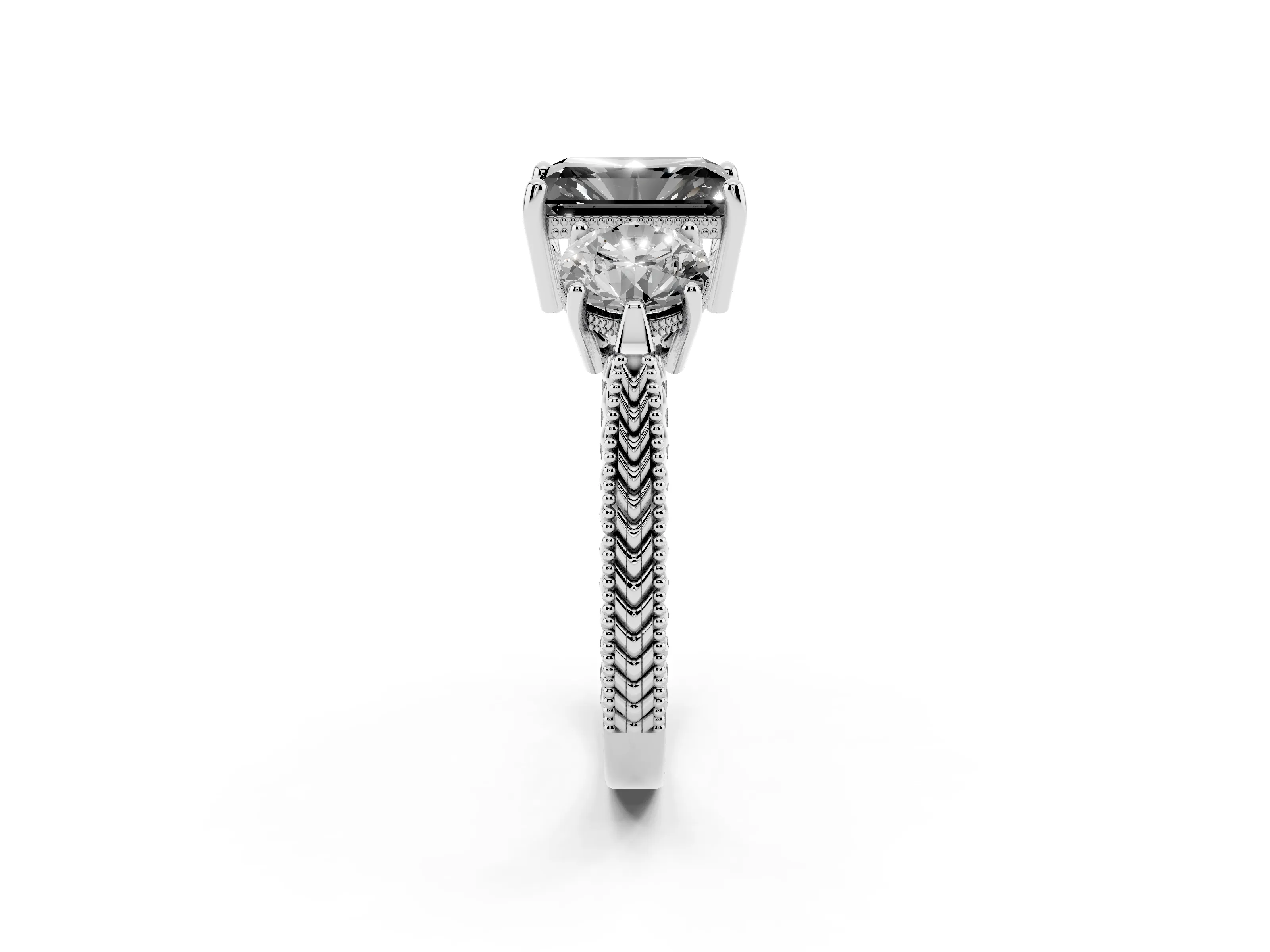 Fancy Black Radiant Cut Diamond Three-Stone Ring Set in White gold with Milgrain Band