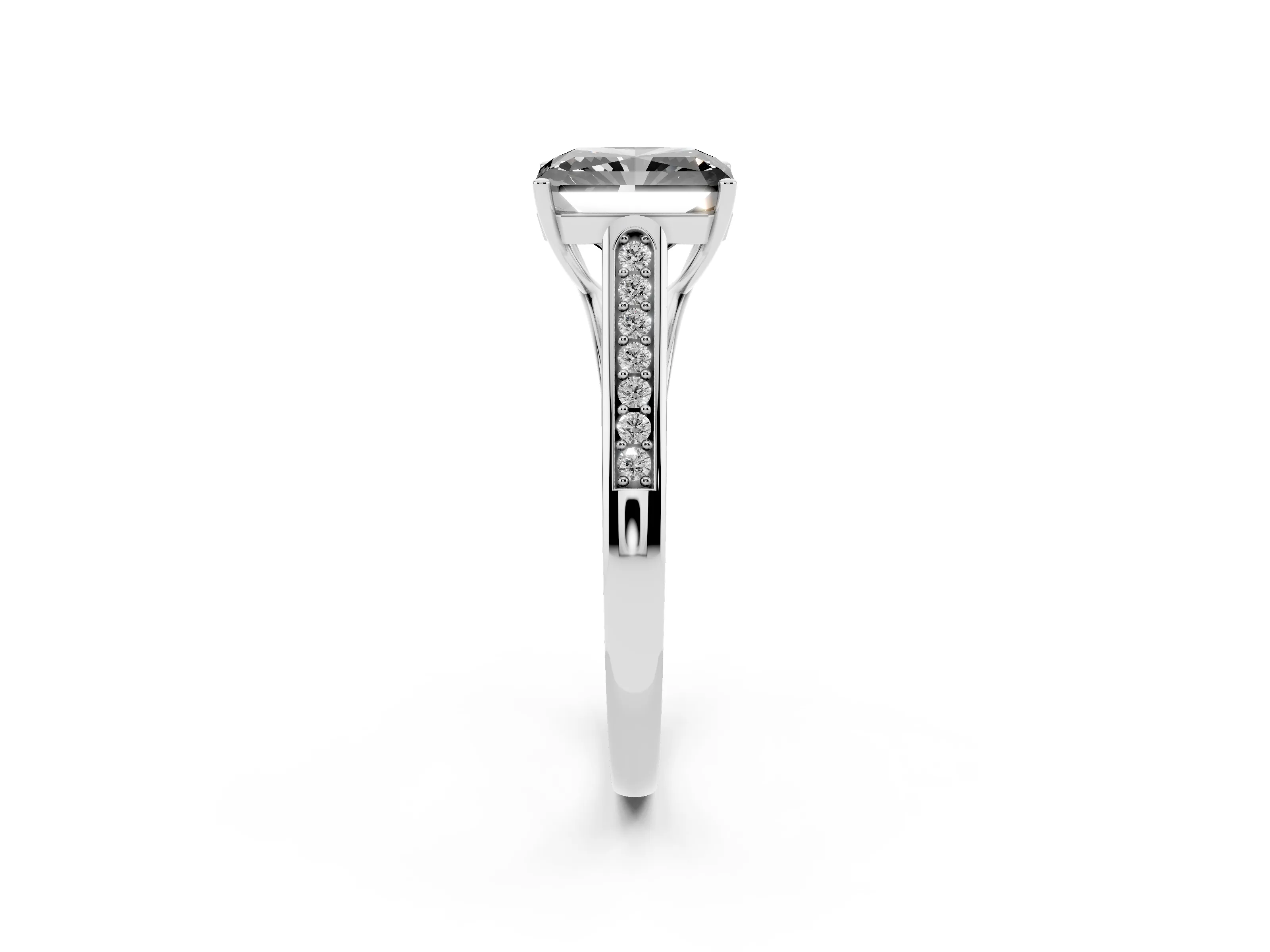 Fancy Black Radiant Cut Diamond Solitaire Cathedral Engagement Ring Set in Platinum with Channel-Set Band and Prong Setting