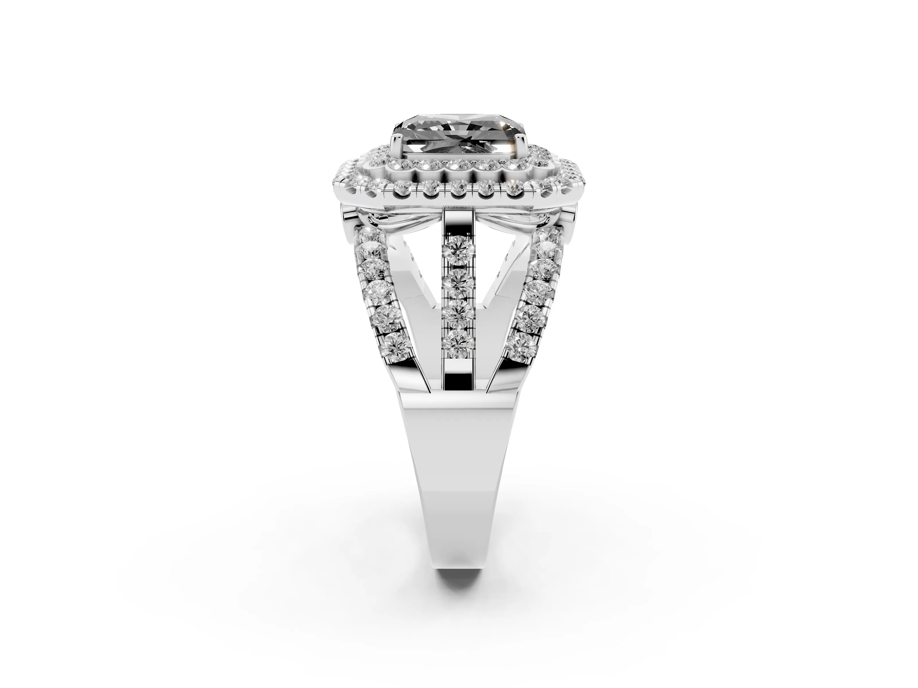 Fancy Black Radiant Cut Diamond Double Halo Ring Set in White gold with Round Pavé Split Shank