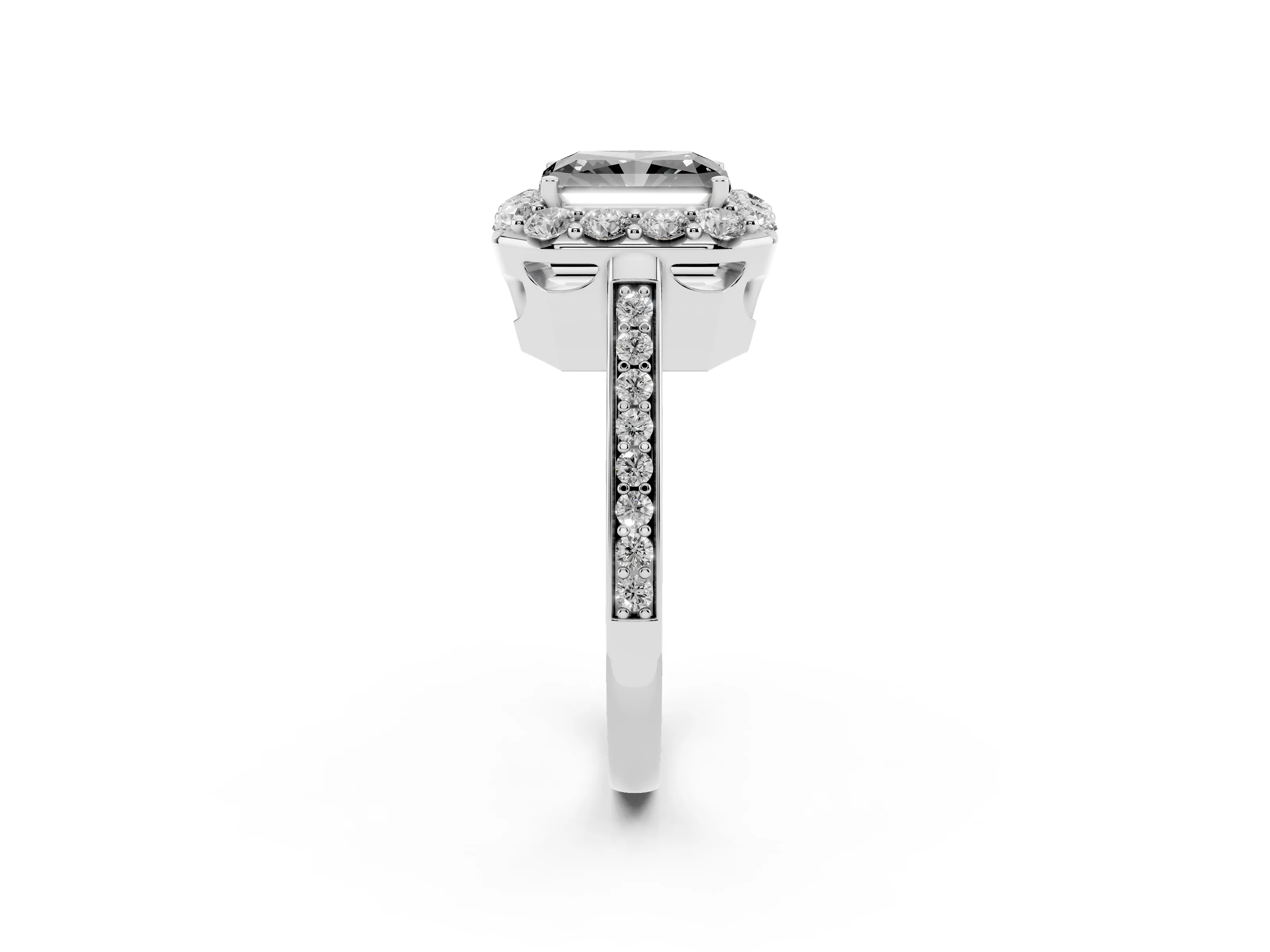 Fancy Black Radiant Cut Diamond Floral Halo Ring Set in Platinum with Pavé Band and Prong Setting