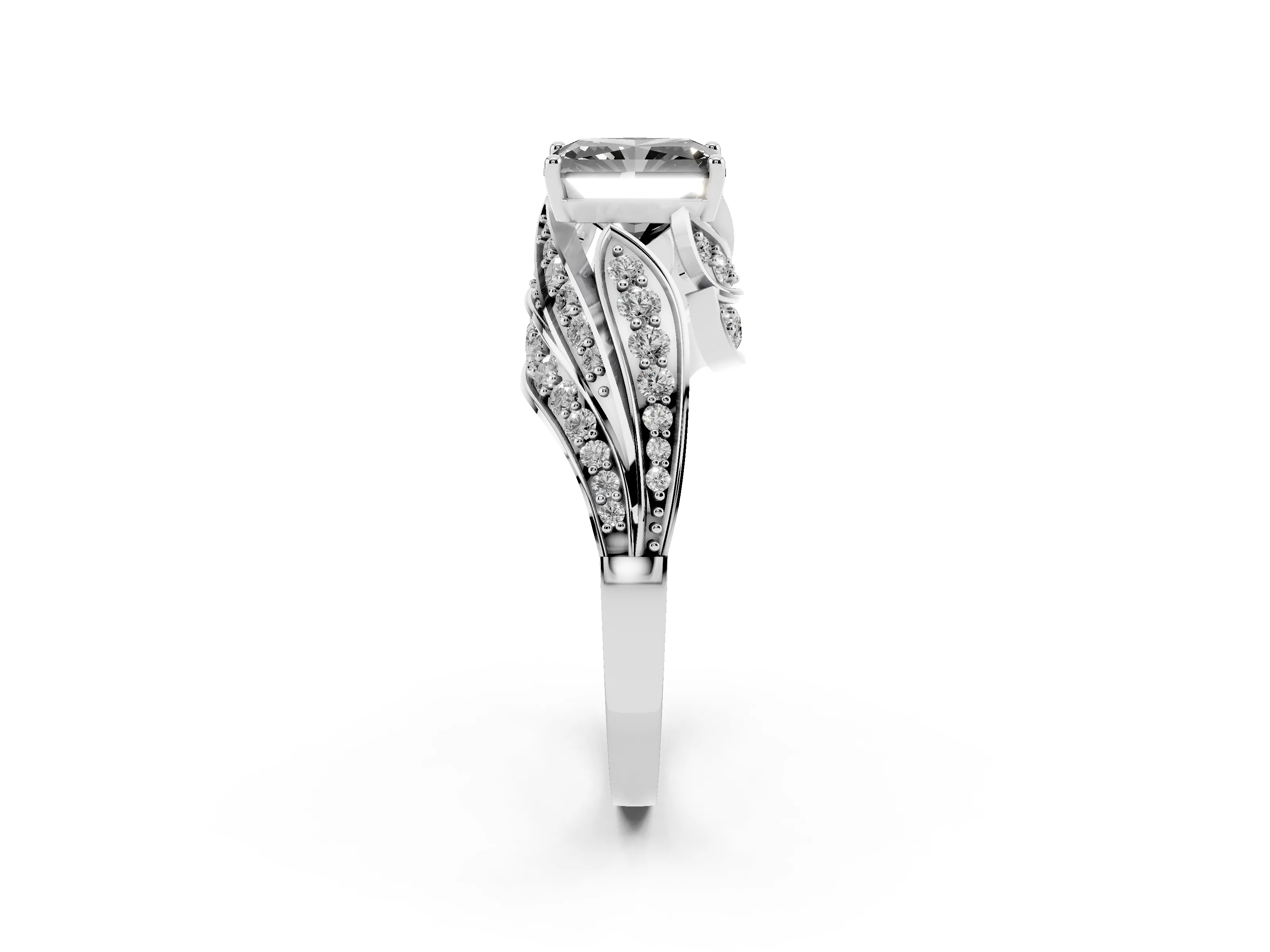 Fancy Black Radiant Cut Diamond Solitaire Ring Set in White gold with Layered Twist Pavé Band