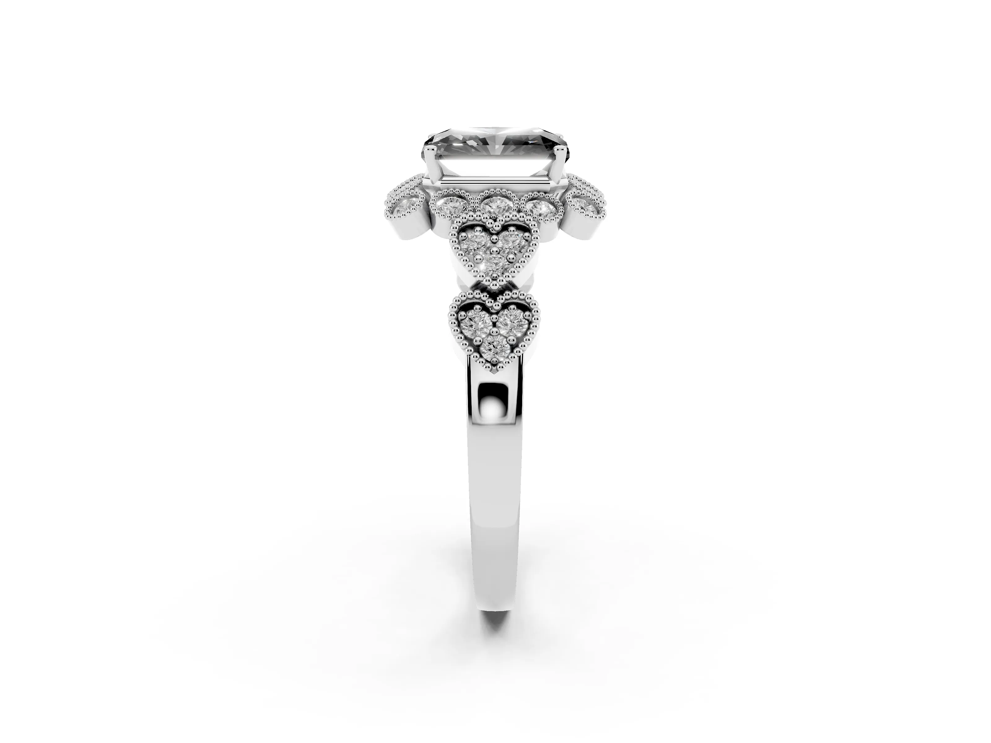 Fancy Black Radiant Cut Diamond Solitaire Ring Set in White gold with Milgrain Pavé Heart Band