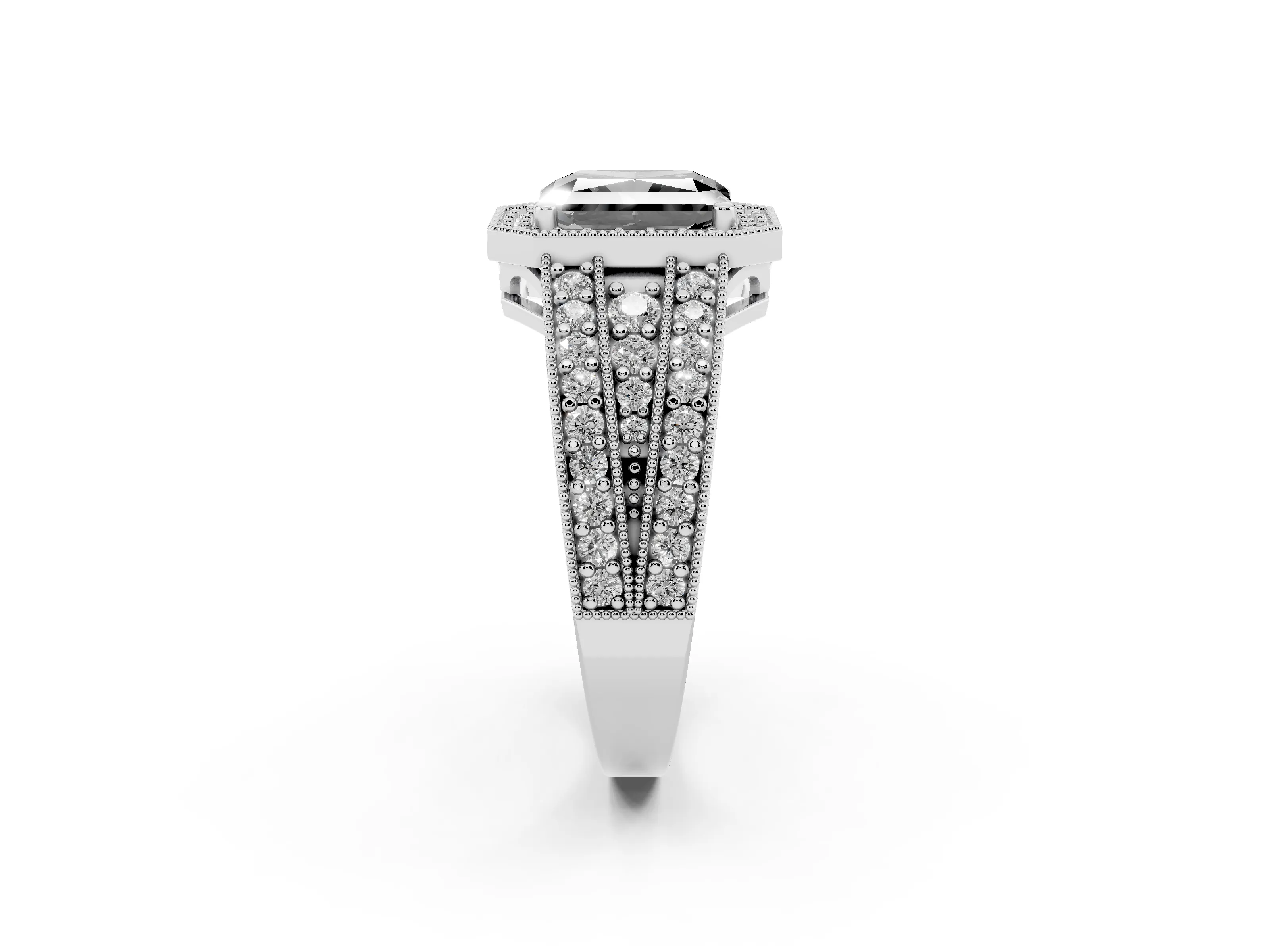 Fancy Black Radiant Cut Diamond Halo Ring Set in White gold with Accent Split Shank and Prong Setting